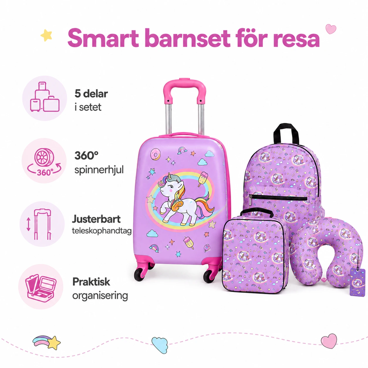 Barnresväska set med hjul och ryggsäck, 5 delar