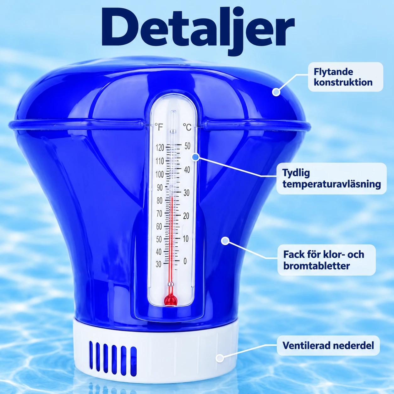 Flytande klordispenser för pool och spa med termometer