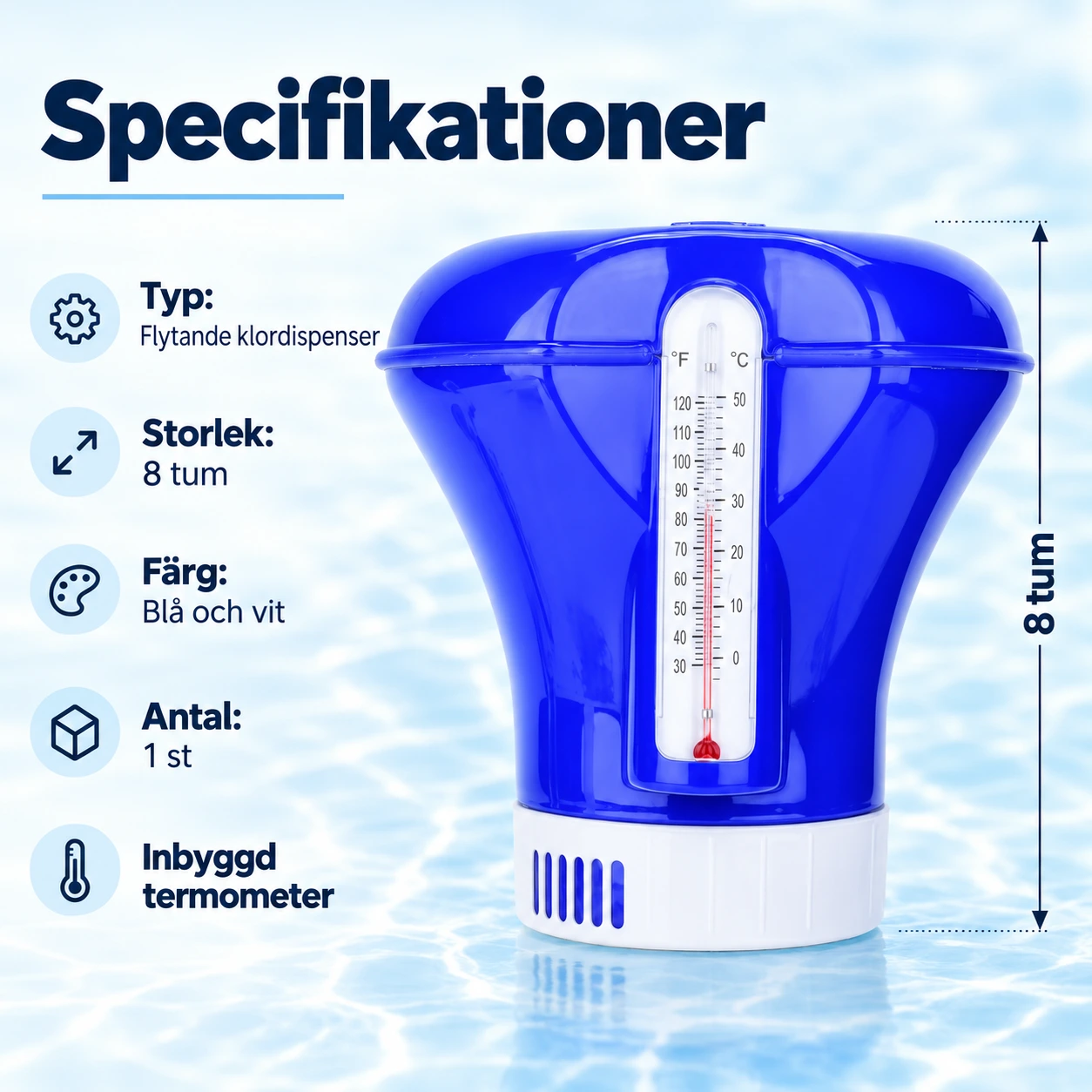 Flytande klordispenser för pool och spa med termometer