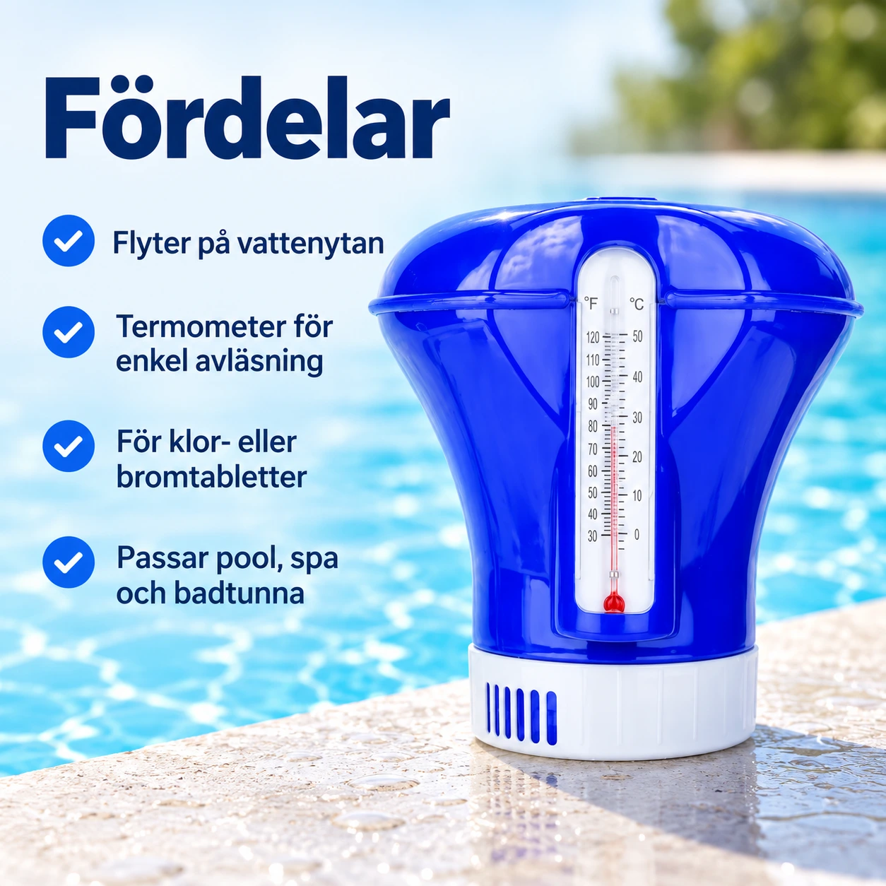 Flytande klordispenser för pool och spa med termometer