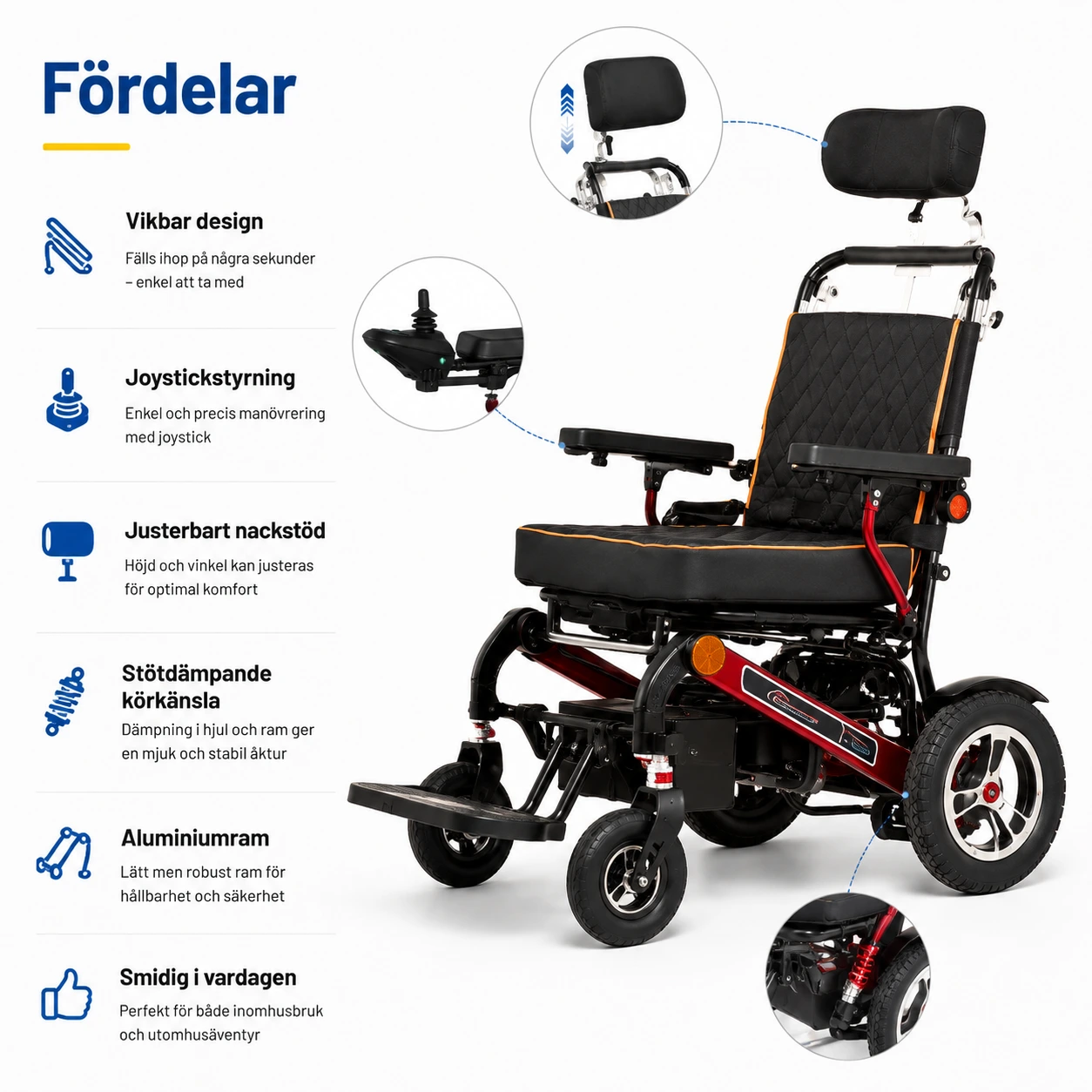 Elektrisk Rullstol Vikbar i Aluminium med Joystick och Justerbart Nackstöd