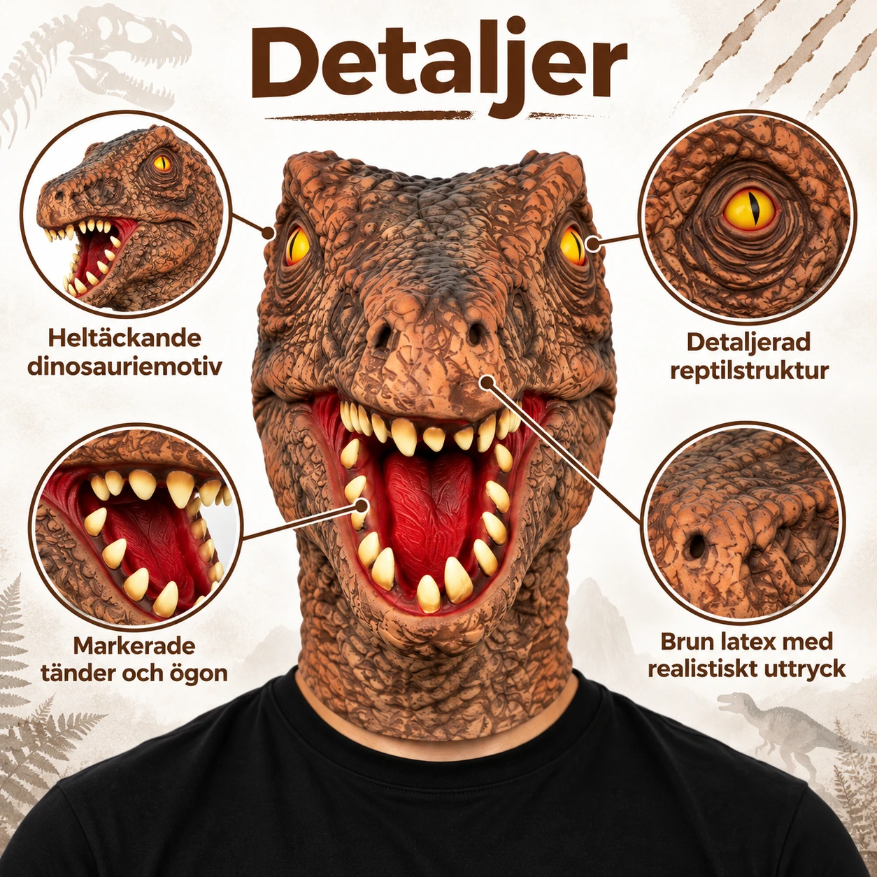Heldekkende dinosaurmaske i lateks