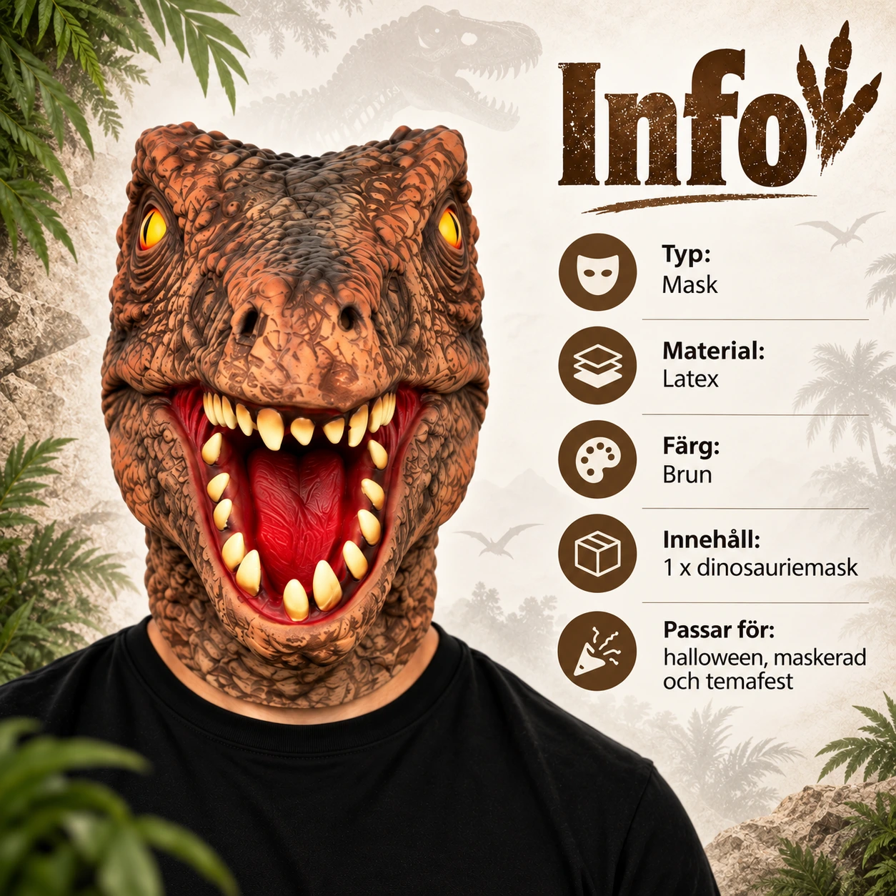 Heldekkende dinosaurmaske i lateks