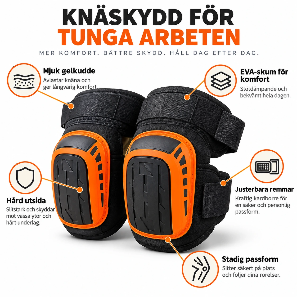 Knäskydd för arbete med gelkudde och justerbara remmar