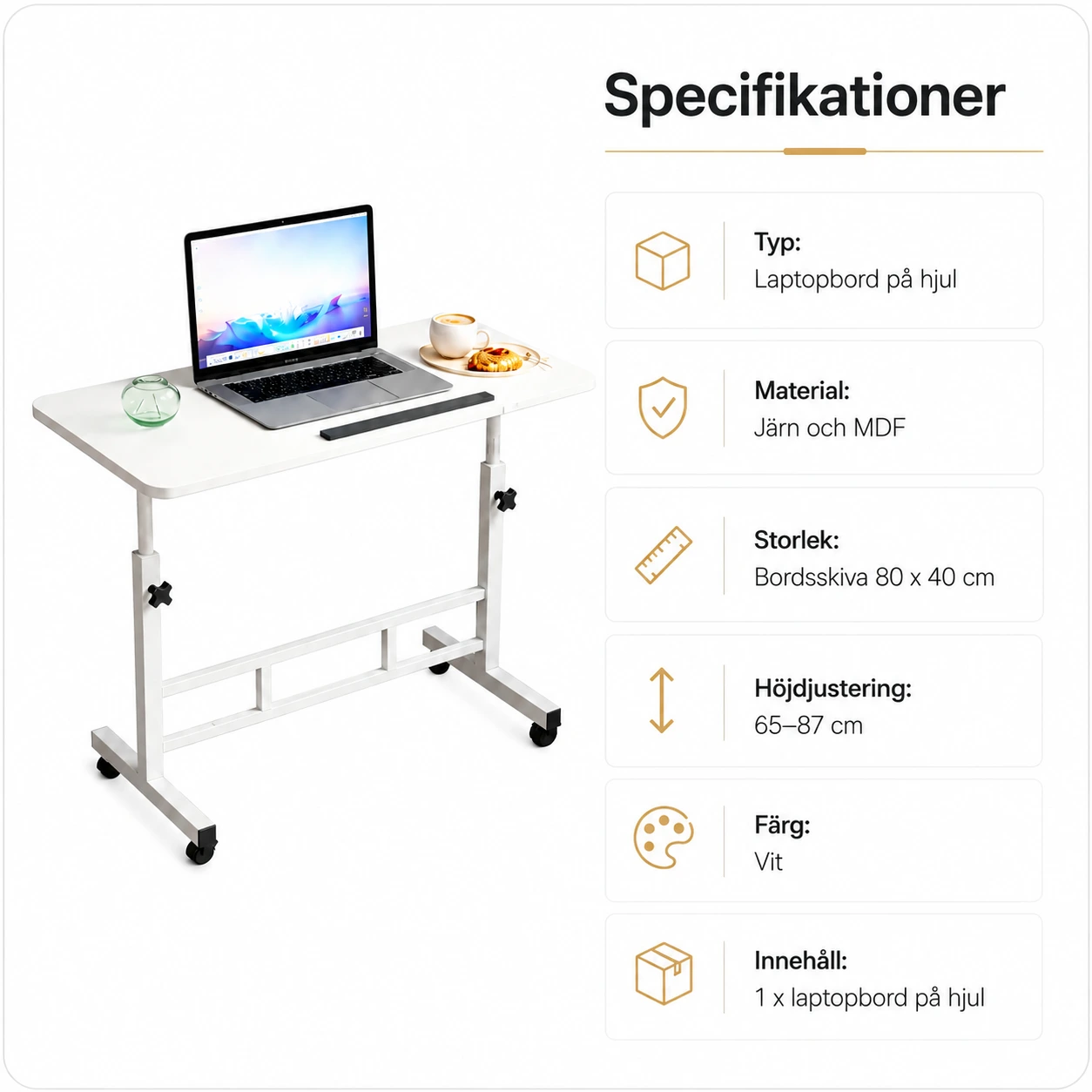 Laptopbord på hjul med höjdjustering och vinklingsbar skiva