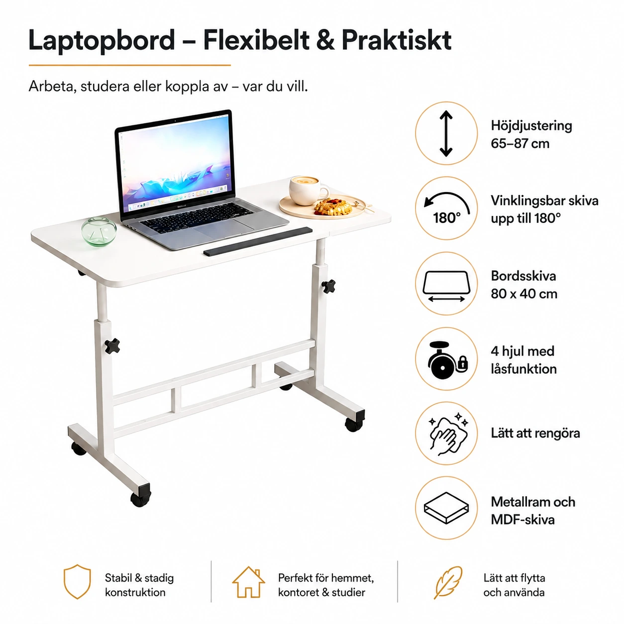 Laptopbord på hjul med höjdjustering och vinklingsbar skiva