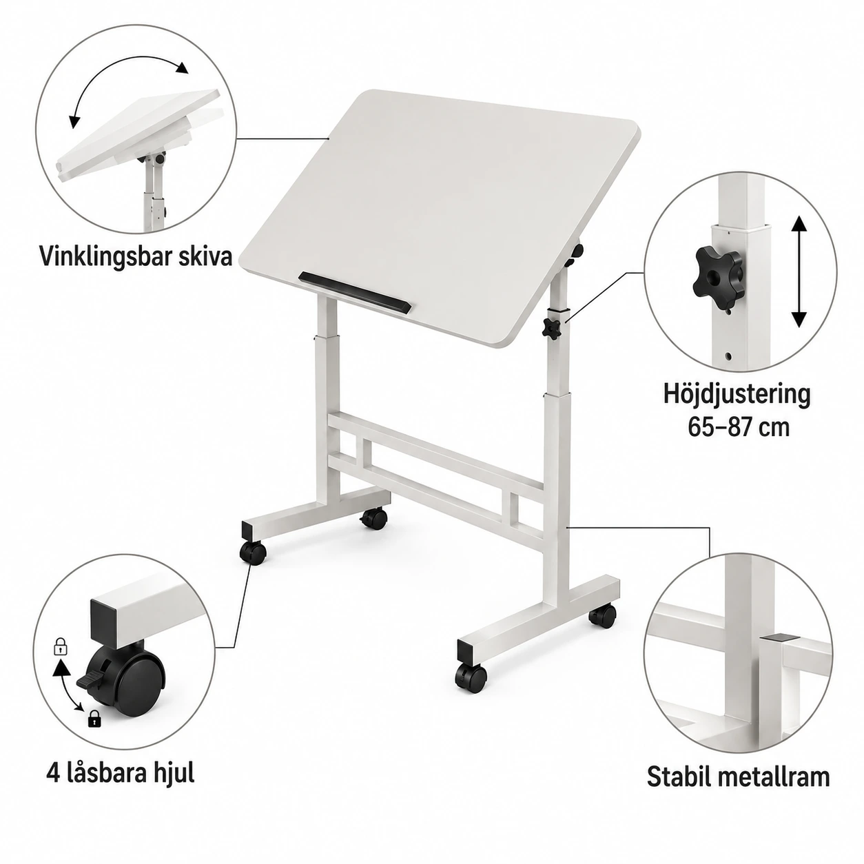 Laptopbord på hjul med höjdjustering och vinklingsbar skiva