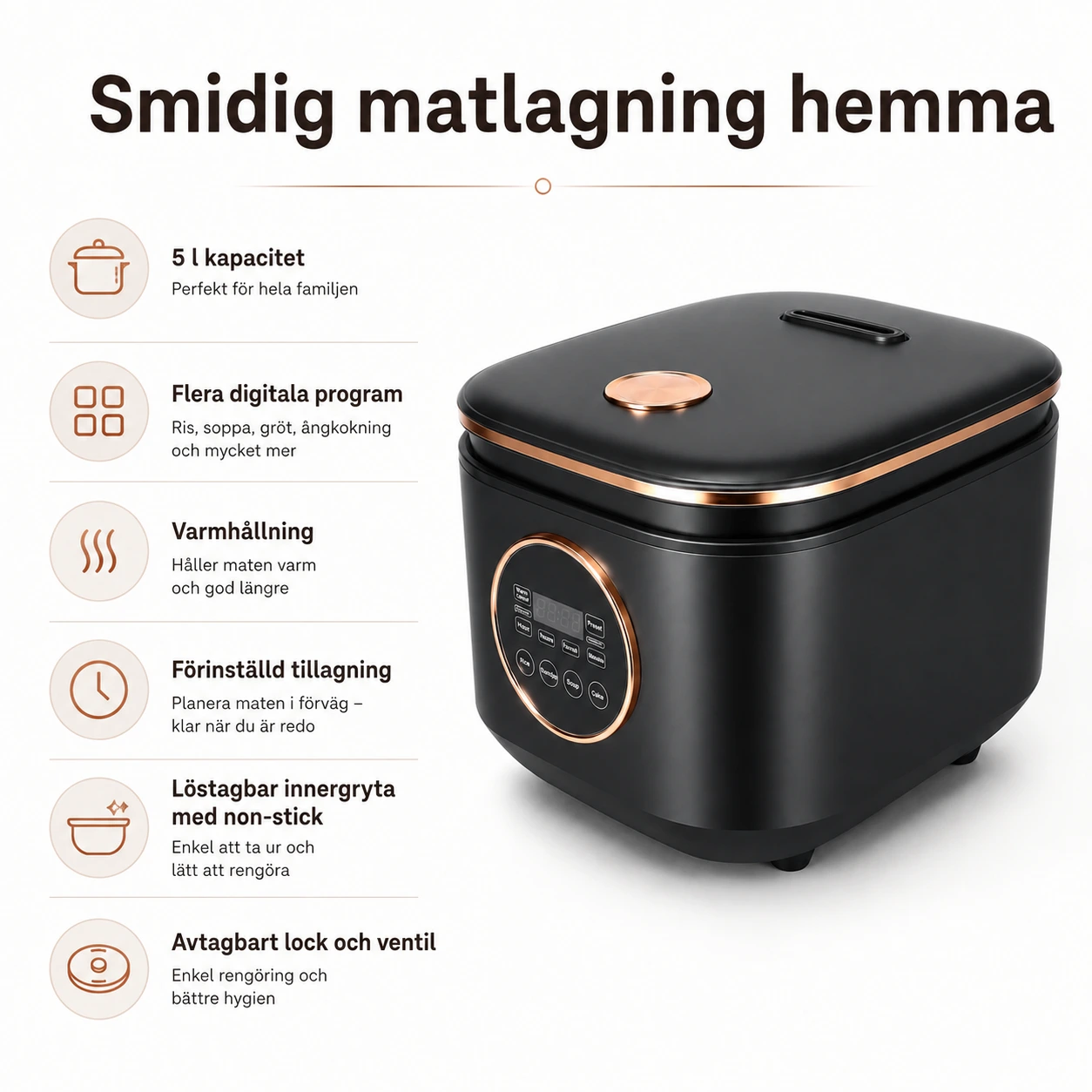 Riskokare 5 l med non-stick och varmhållning