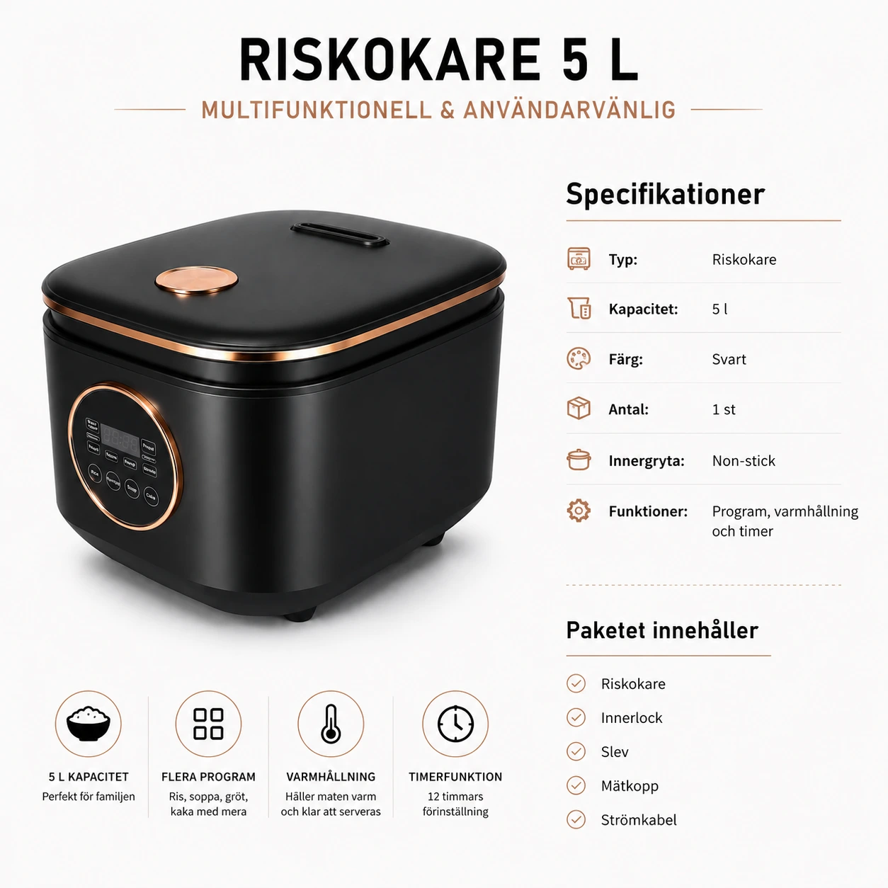 Riisinkeitin 5 l non-stick-pinnoitteella ja lämpimänäpitotoiminnolla