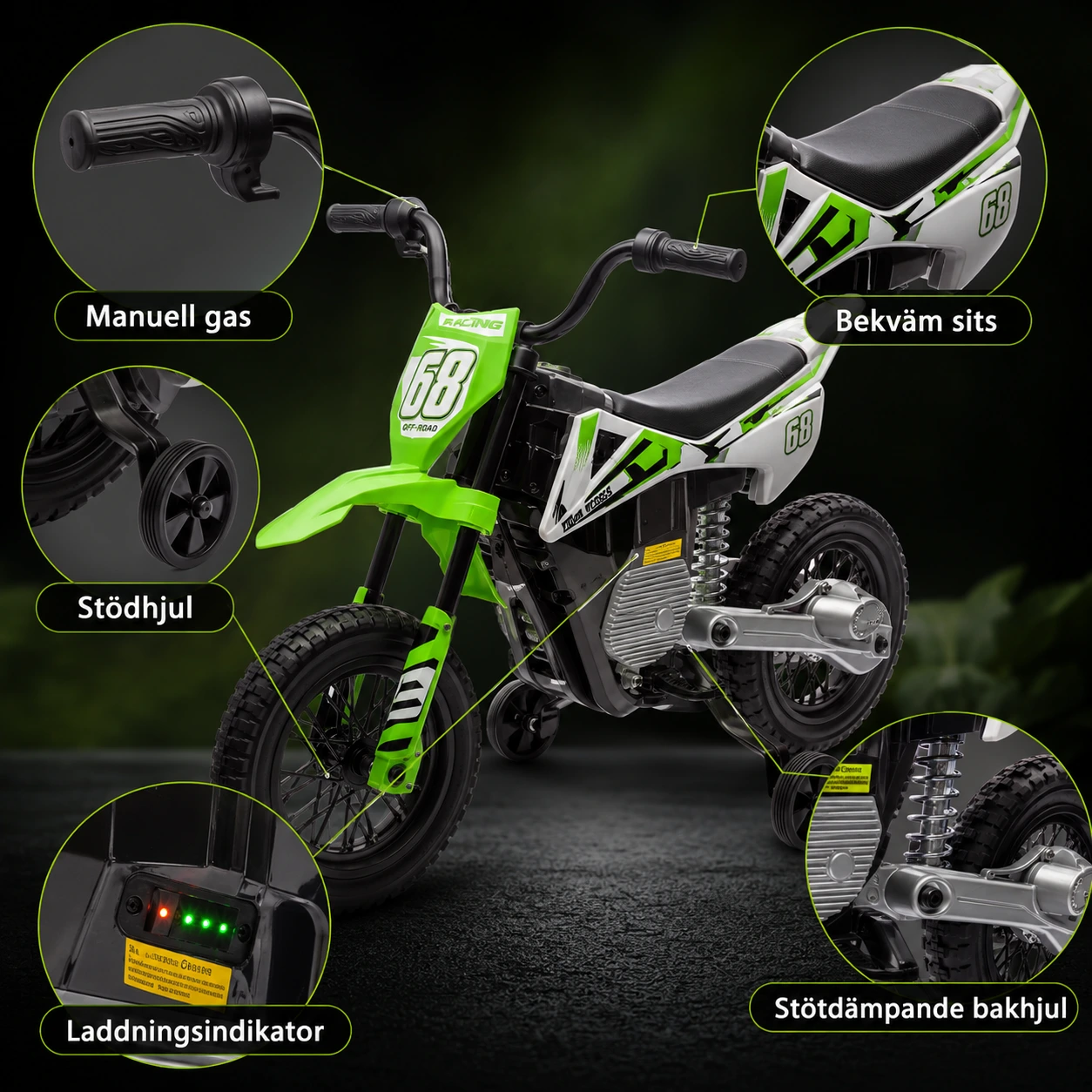 Elektrisk barnmotorcykel med stödhjul och 12V-batteri