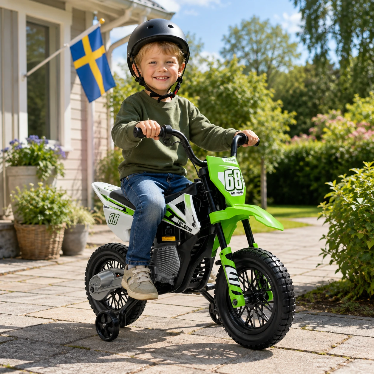 Elektrisk barnmotorcykel med stödhjul och 12V-batteri