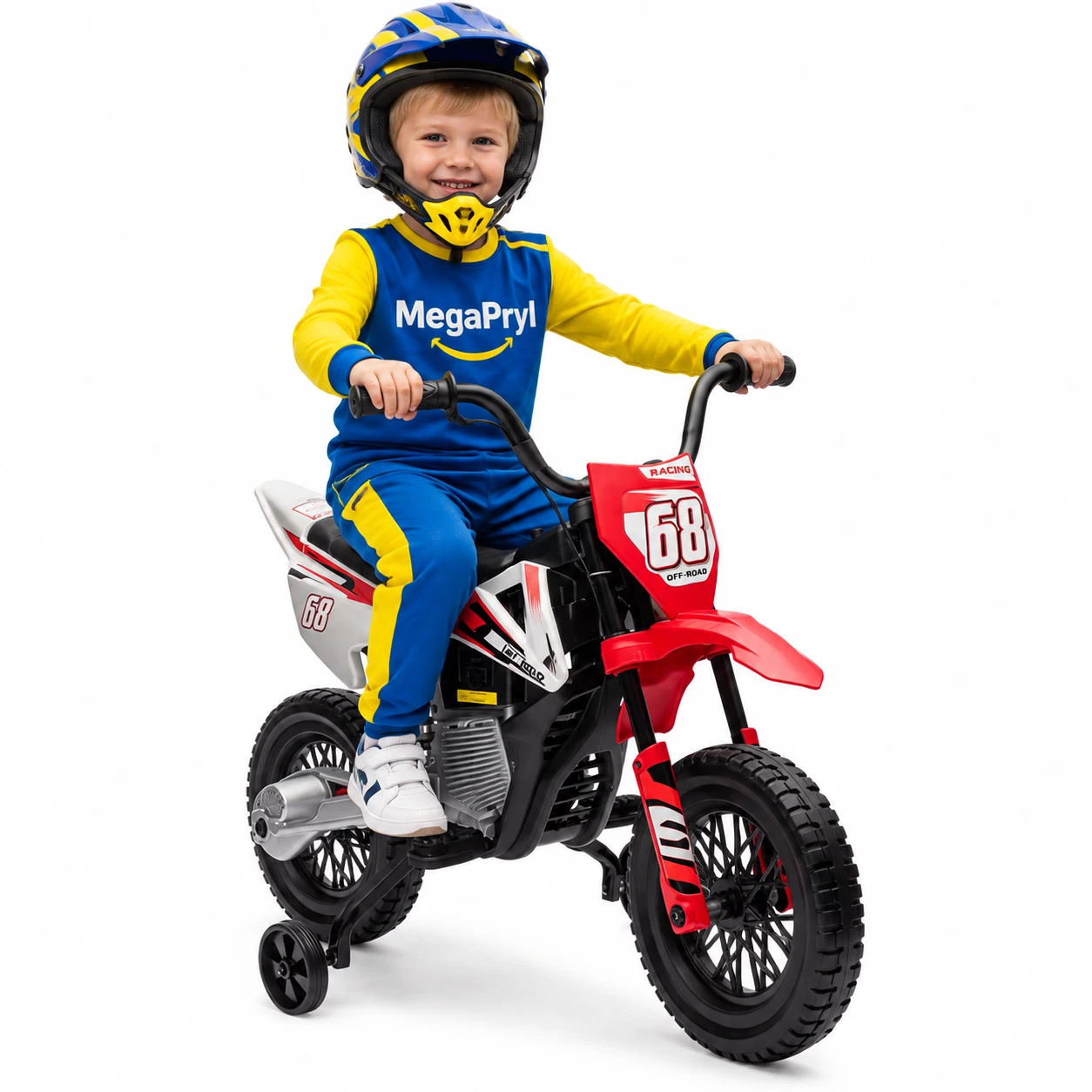 Elektrisk barnmotorcykel med stödhjul och 12V-batteri