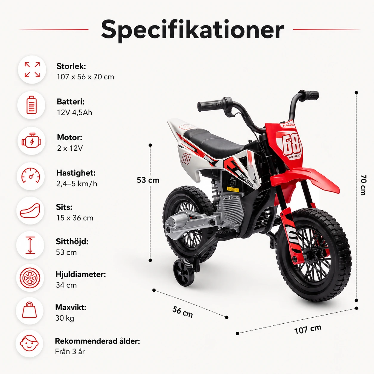 Elektrisk barnmotorcykel med stödhjul och 12V-batteri
