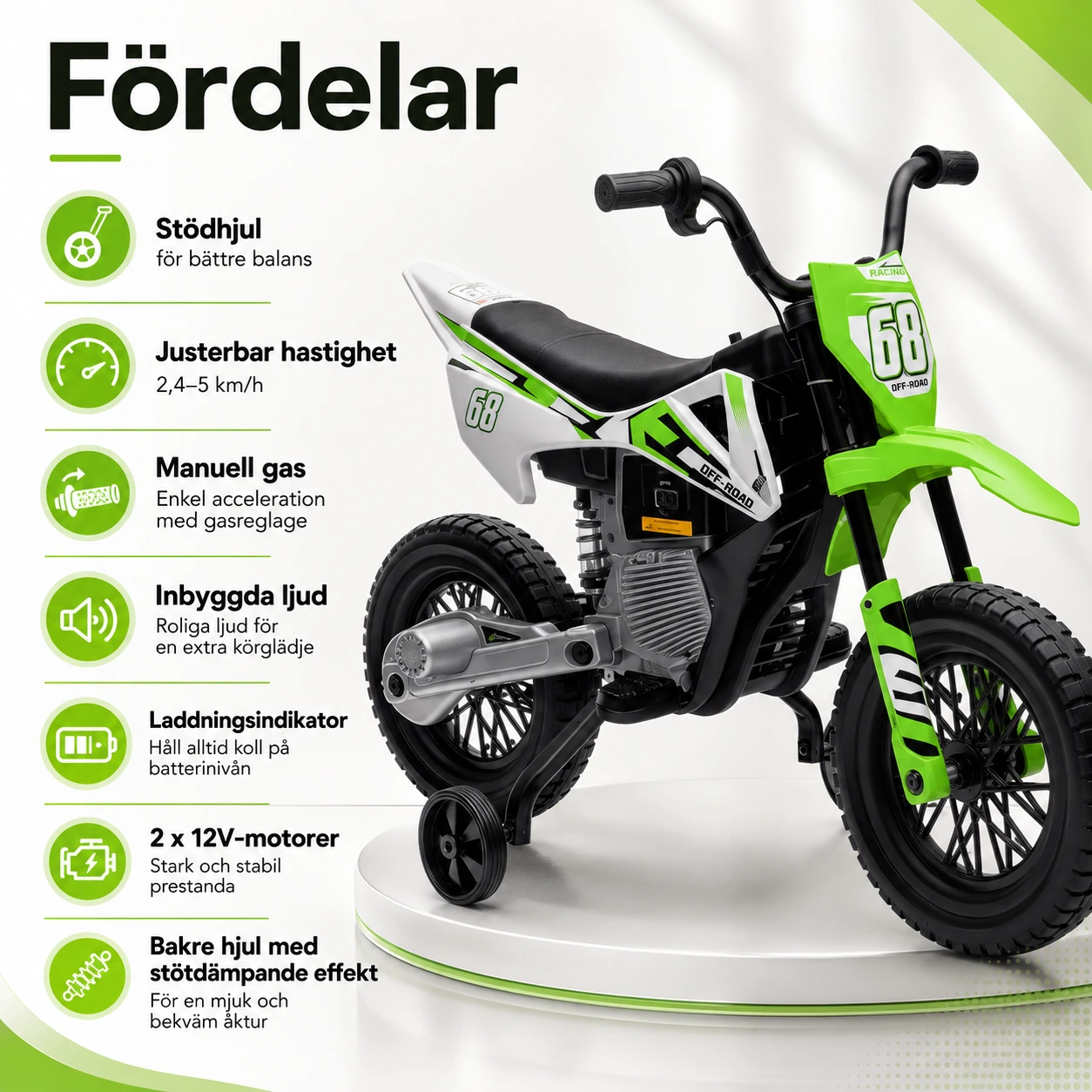 Elektrisk barnmotorcykel med stödhjul och 12V-batteri
