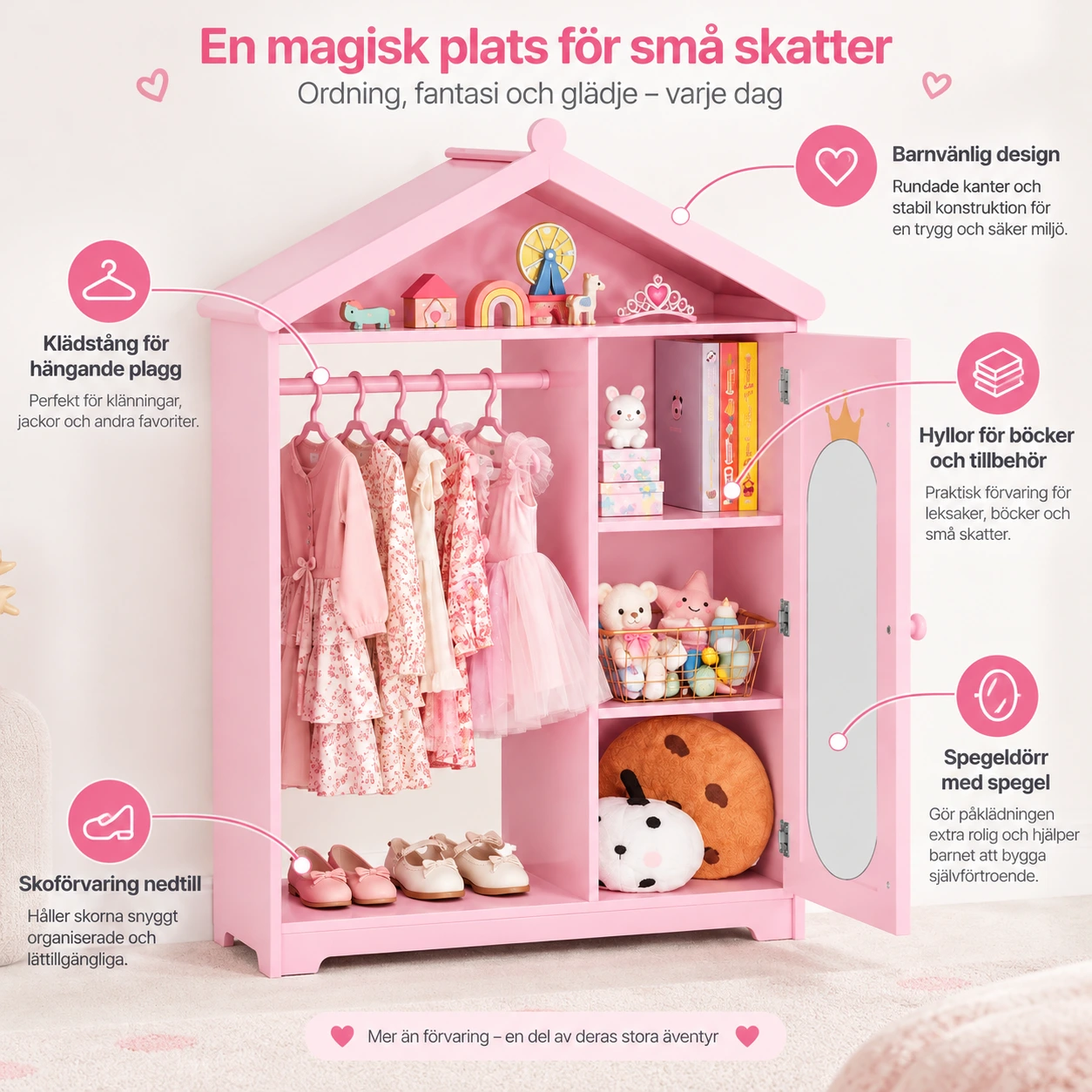 Utklädningsgarderob för barn med spegel och klädstång