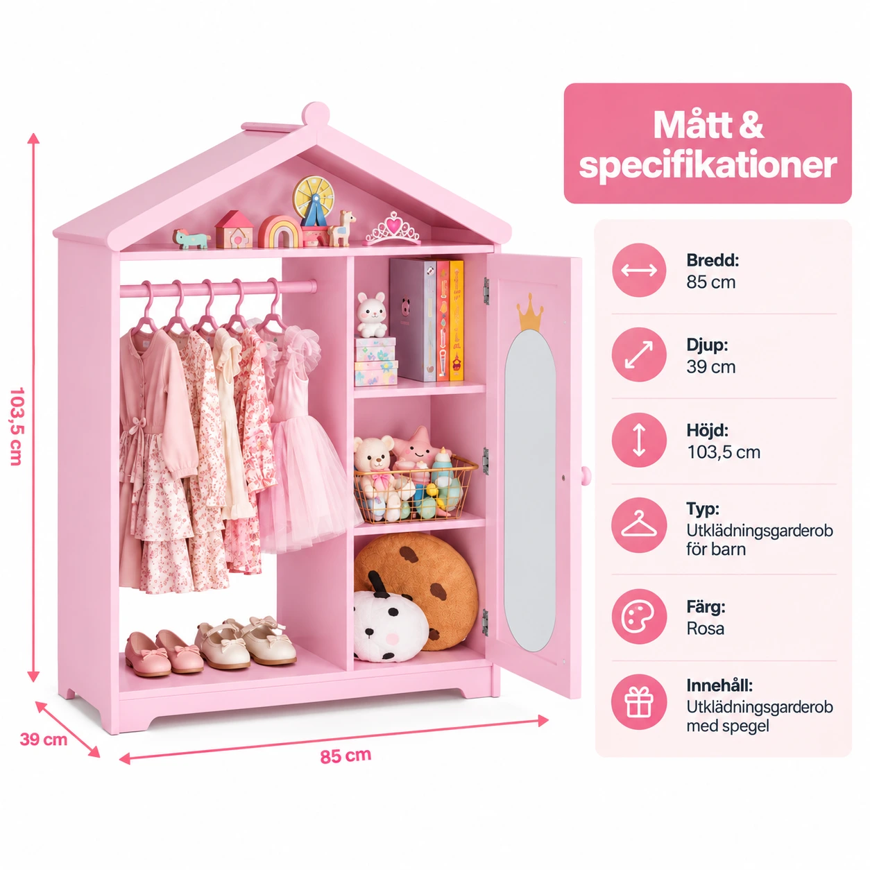Utklädningsgarderob för barn med spegel och klädstång