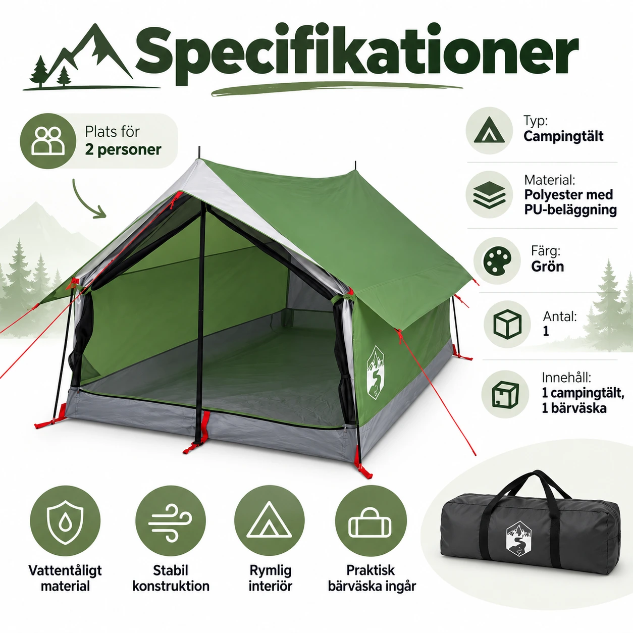 Campingtält för 2 personer med myggnät och e-port