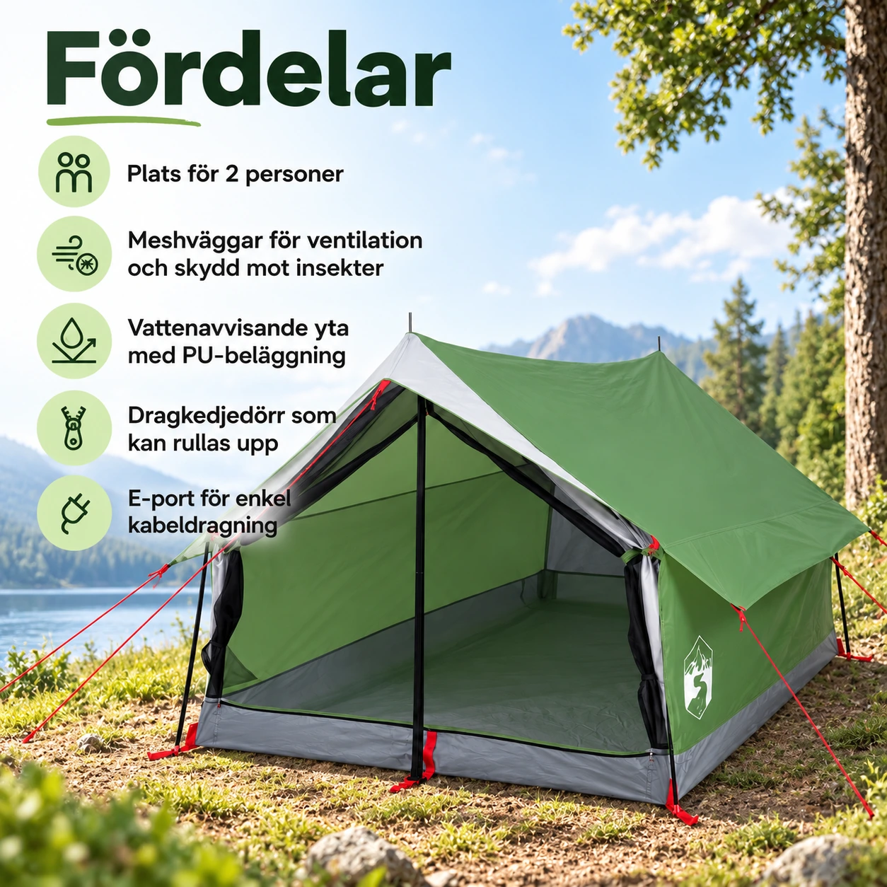 Campingtält för 2 personer med myggnät och e-port