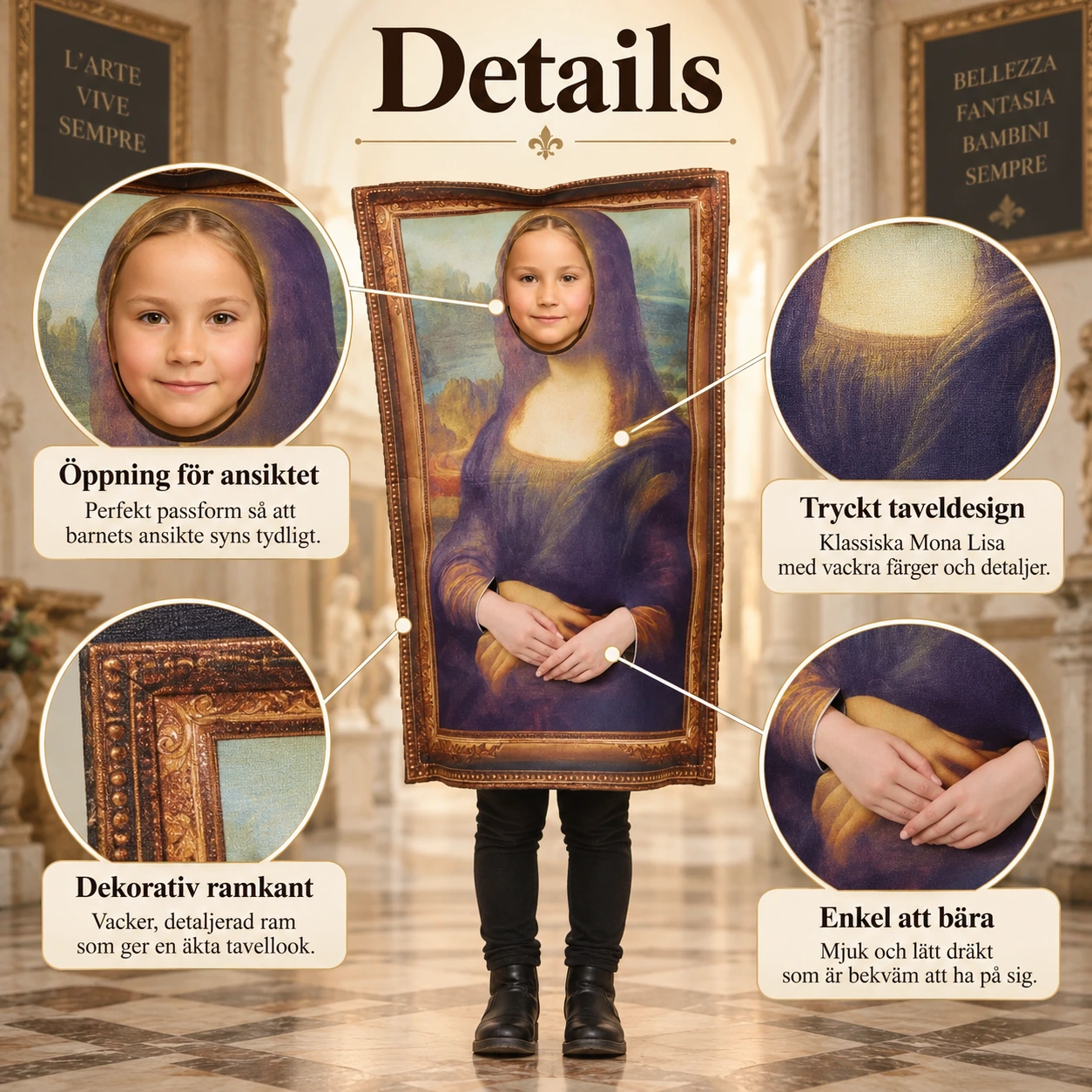 Mona Lisa maskeraddräkt för barn med tavelram