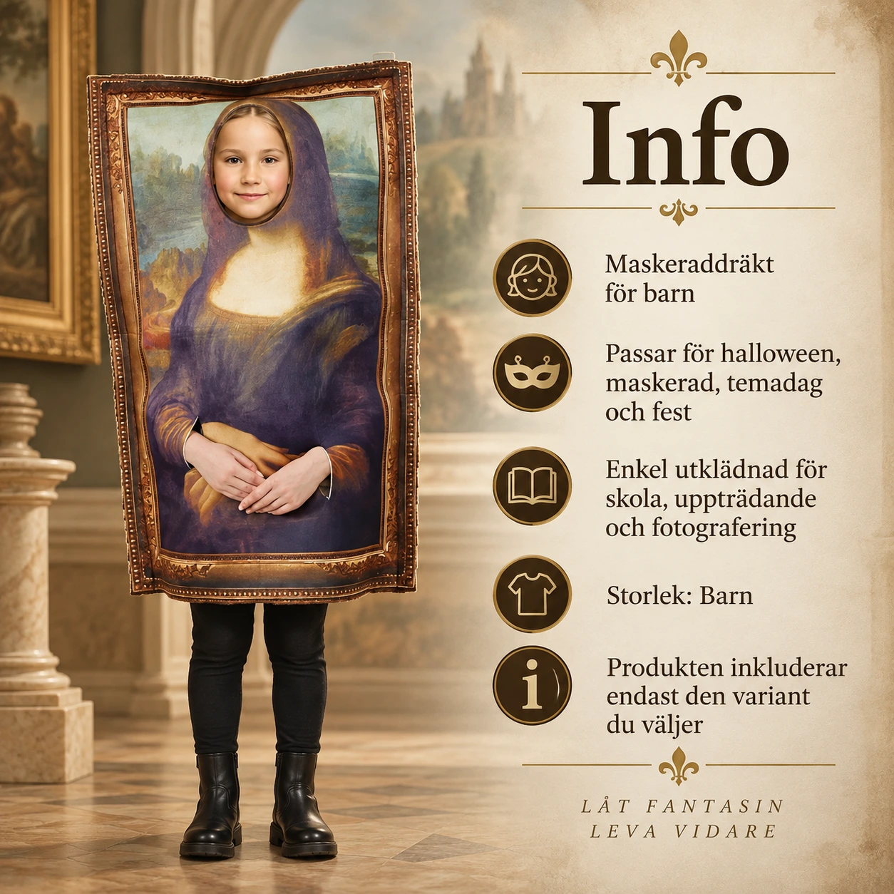 Mona Lisa maskeraddräkt för barn med tavelram