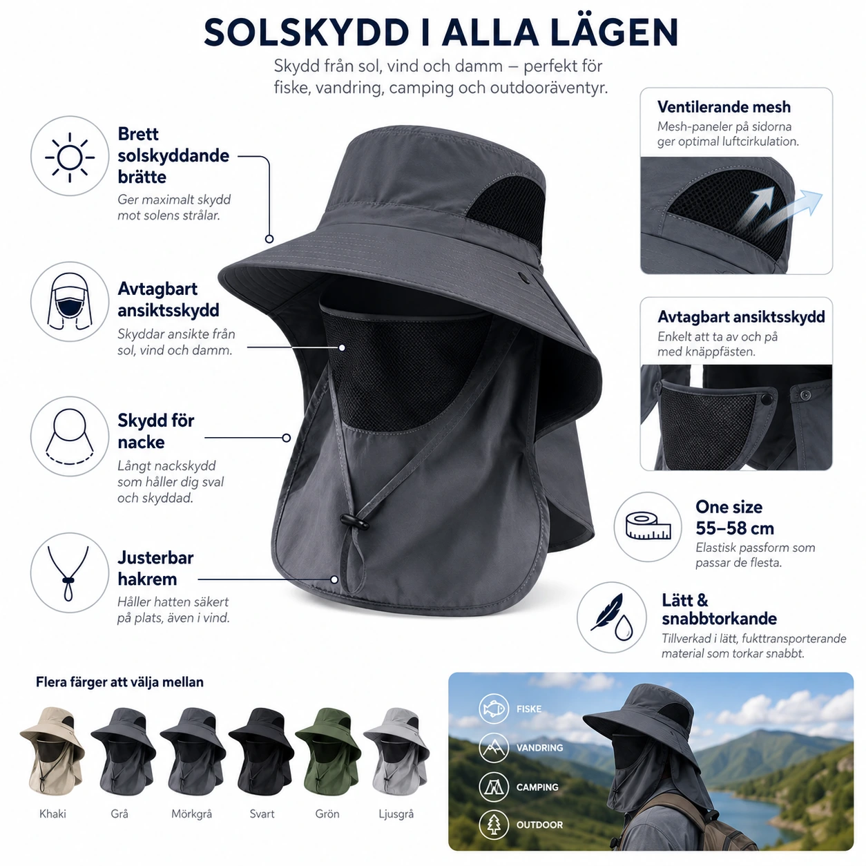 Solhatt med Nackskydd – UV-hatt för Friluftsliv