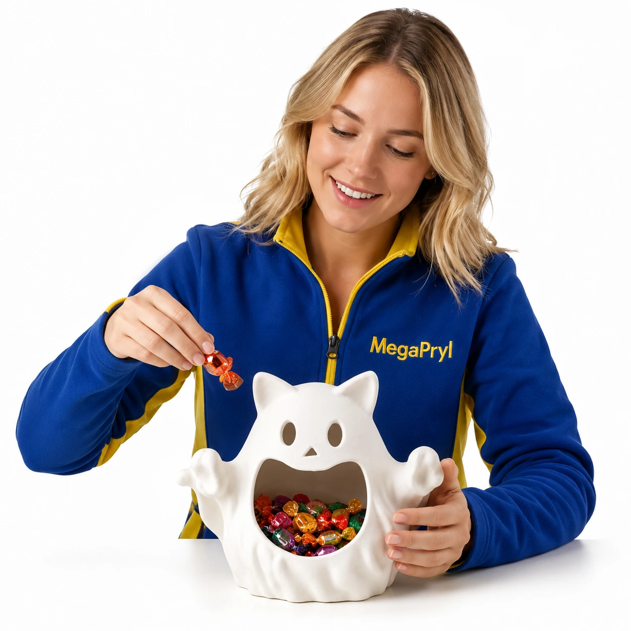Godisskål för halloween med spökkatt i vit design