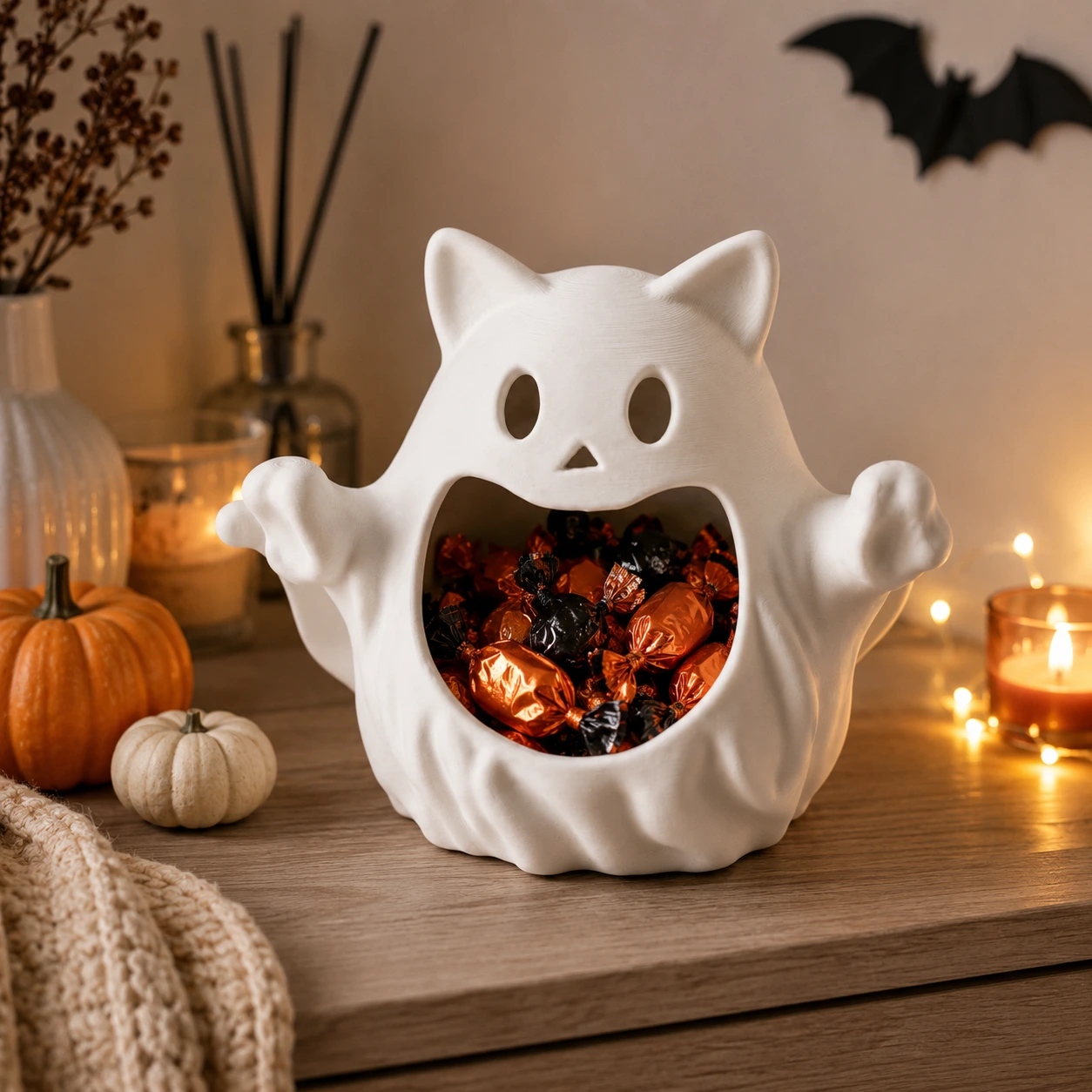 Godisskål för halloween med spökkatt i vit design