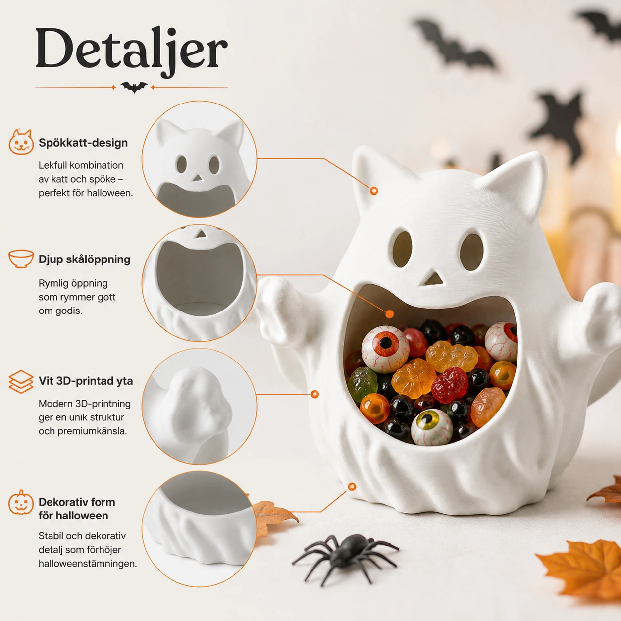 Godisskål för halloween med spökkatt i vit design
