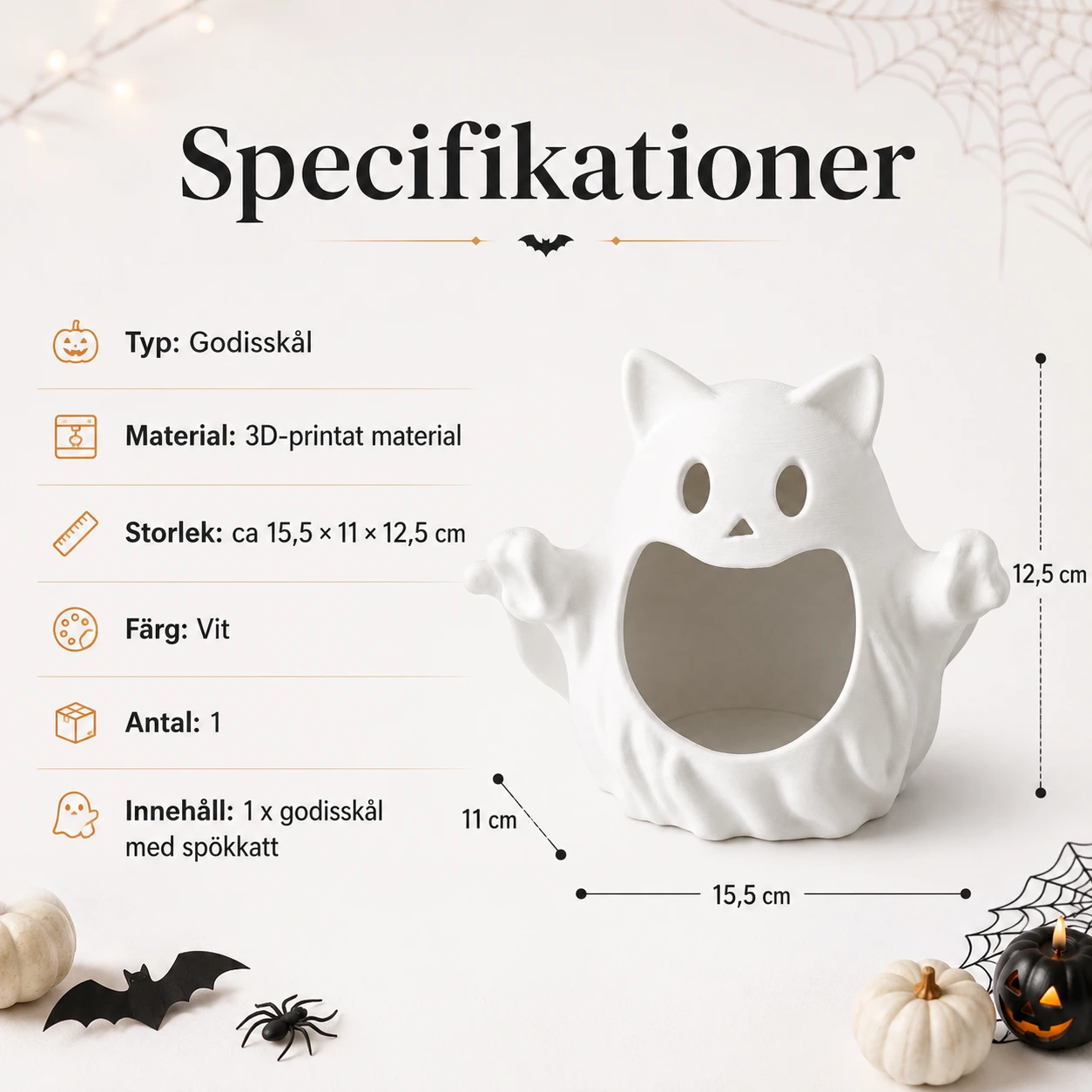 Godisskål för halloween med spökkatt i vit design