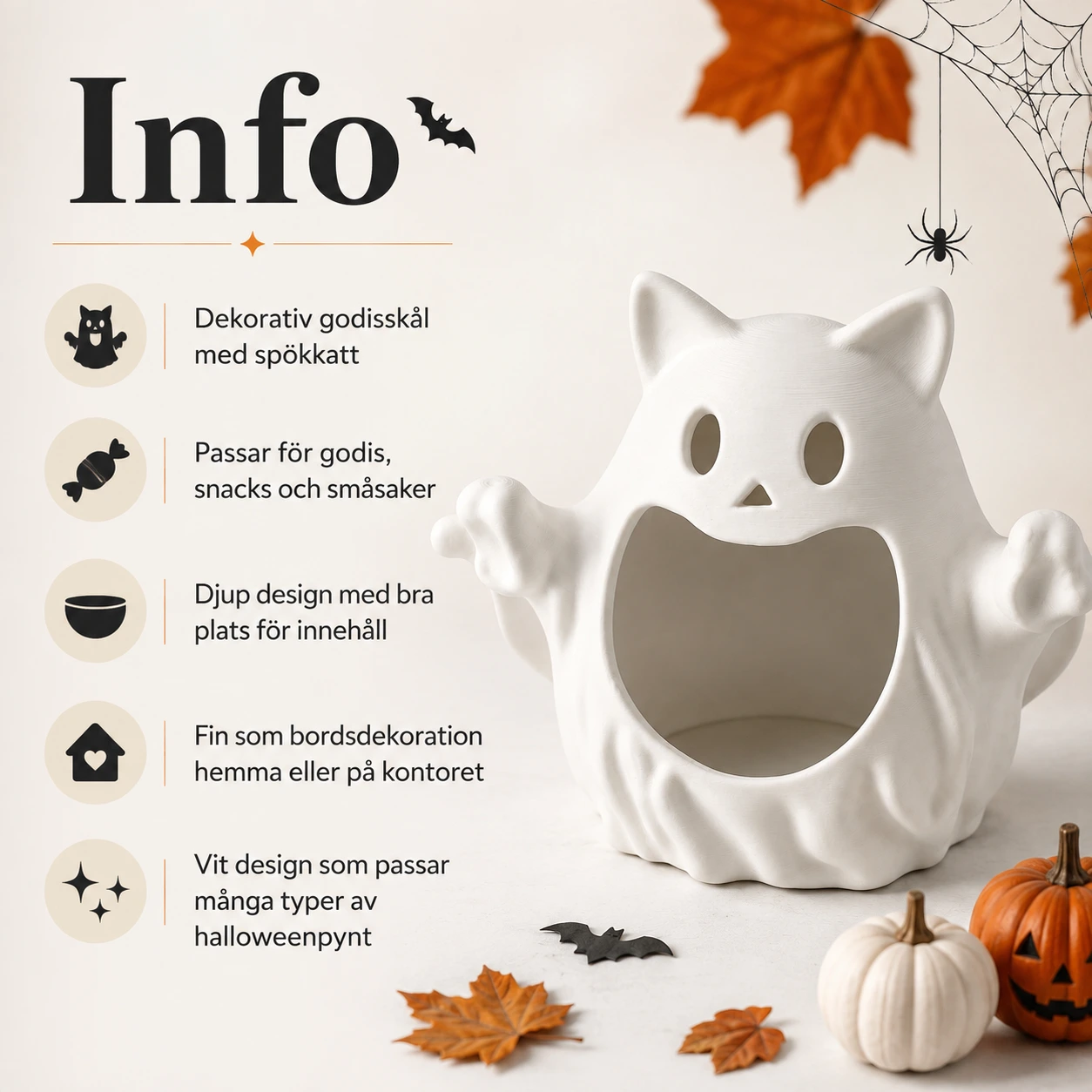 Godisskål för halloween med spökkatt i vit design