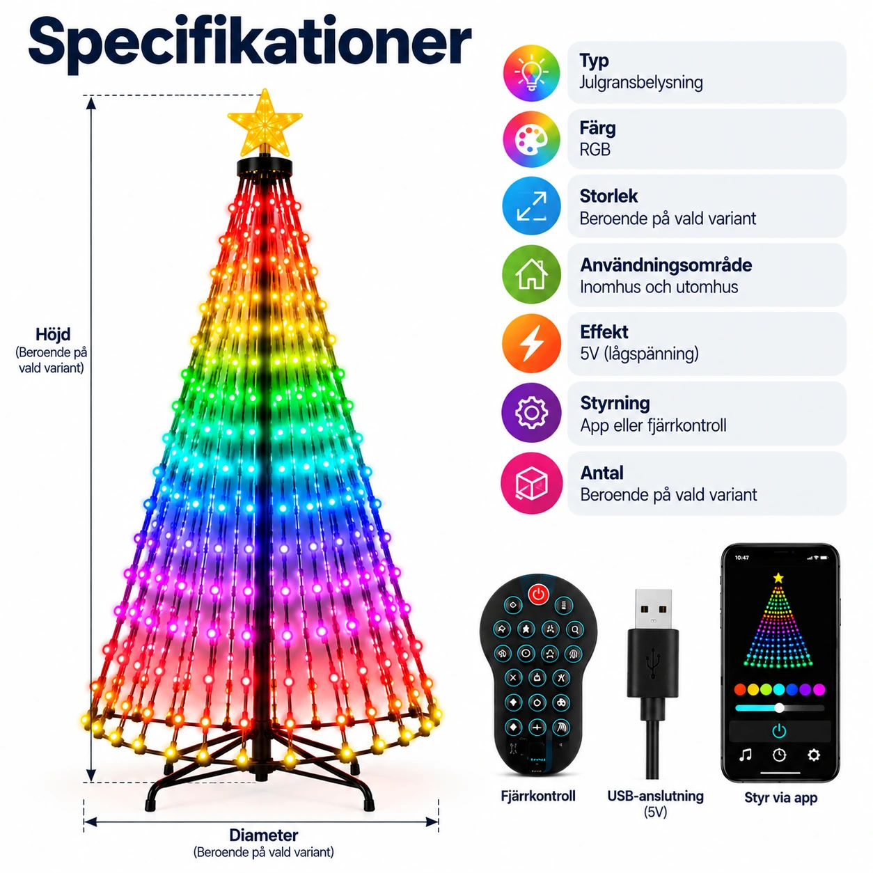 Julgransbelysning RGB med app och fjärrkontroll