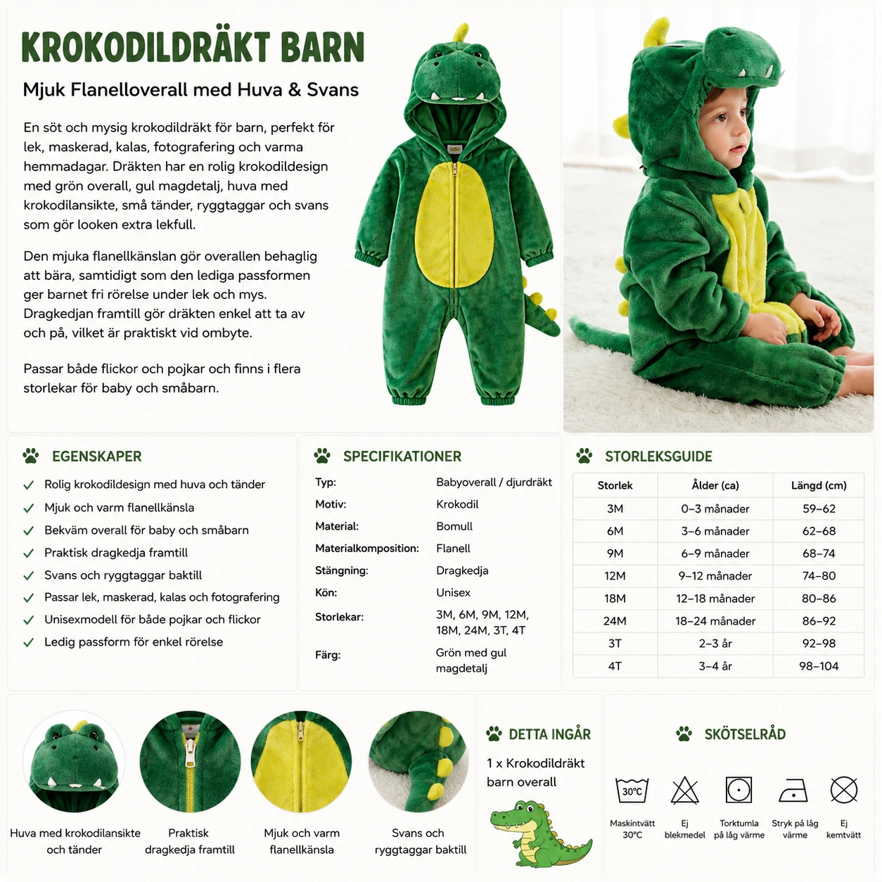 Krokodildräkt Barn – Mjuk Flanelloverall med Huva & Svans