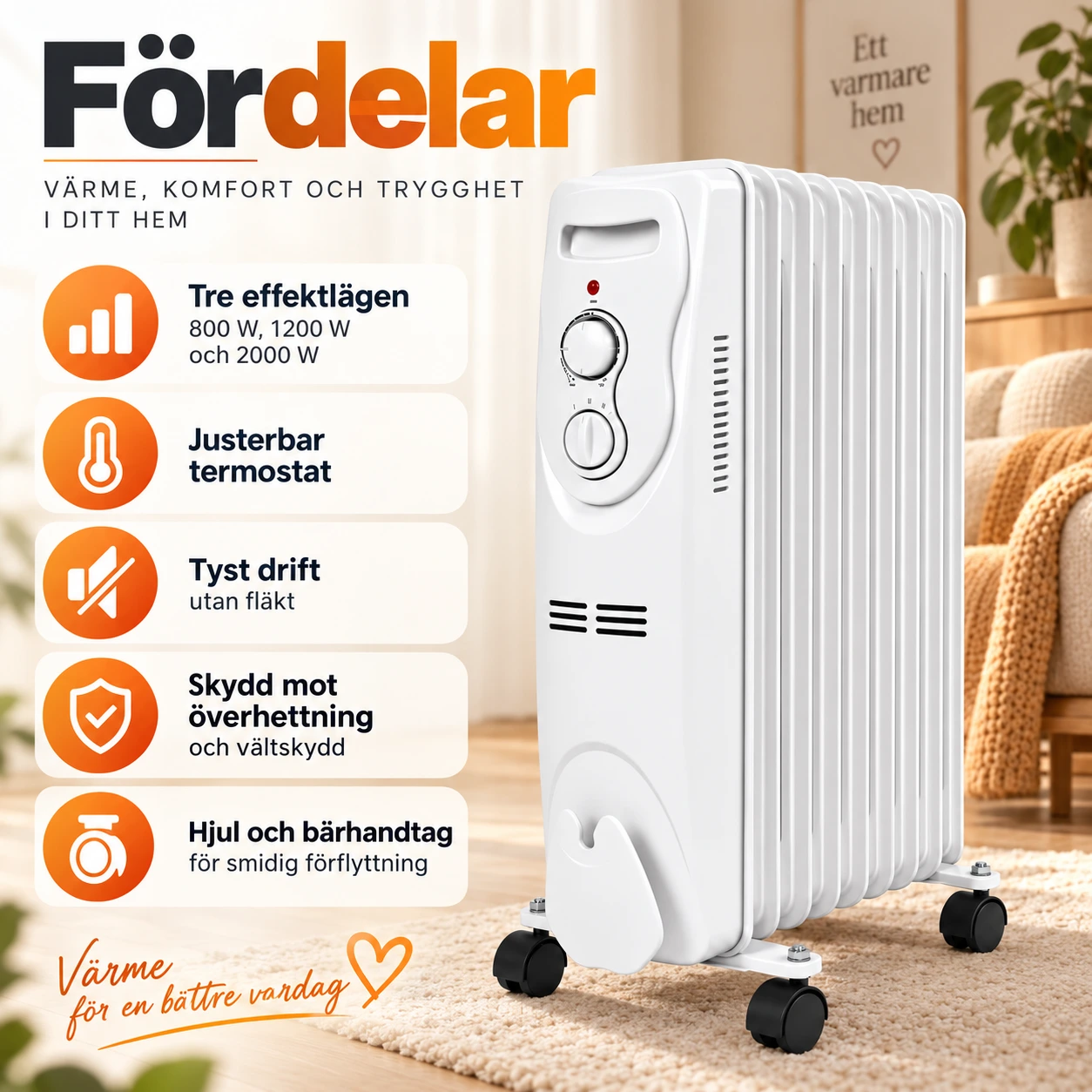 Oljefyllt element för hem och kontor med justerbar termostat