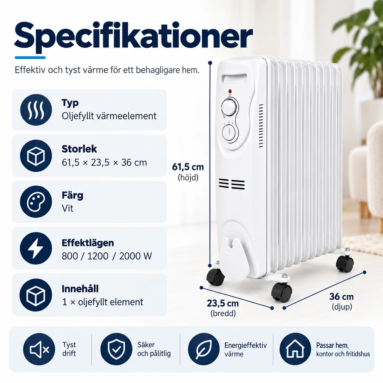 Oljefyllt element för hem och kontor med justerbar termostat