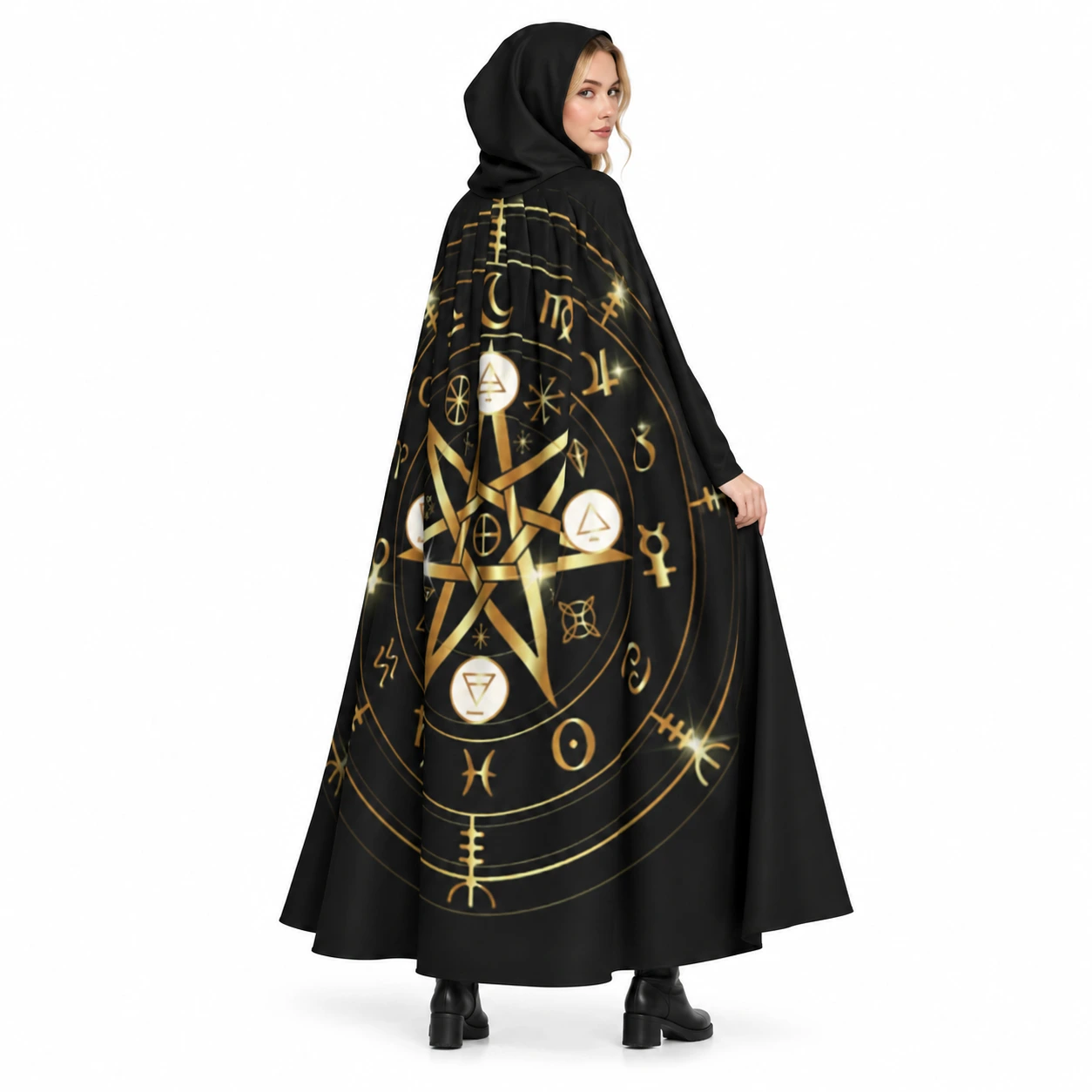 Svart Mystisk Mantel med Luva och Gyllene Pentagram