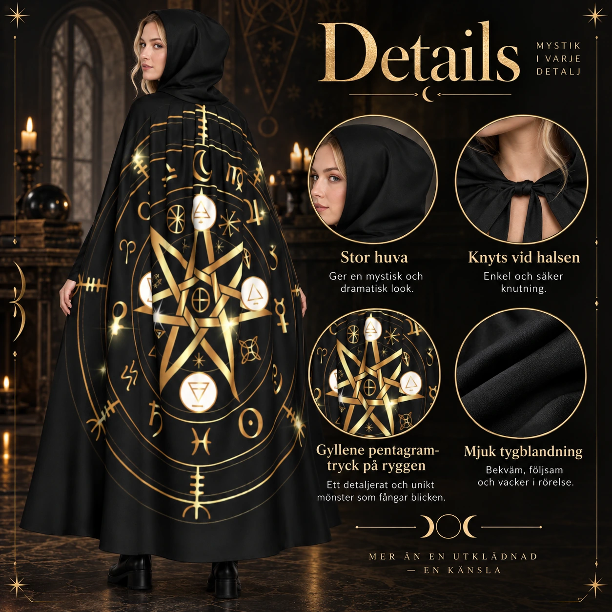 Svart Mystisk Mantel med Luva och Gyllene Pentagram
