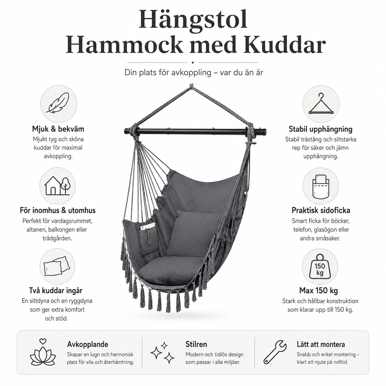 Hängstol med Kuddar och Monteringstillbehör, Grå