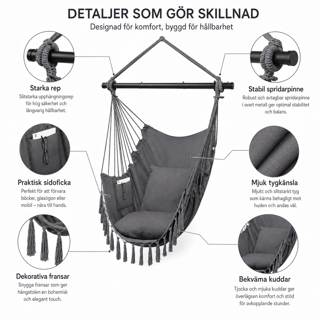 Hängstol med Kuddar och Monteringstillbehör, Grå