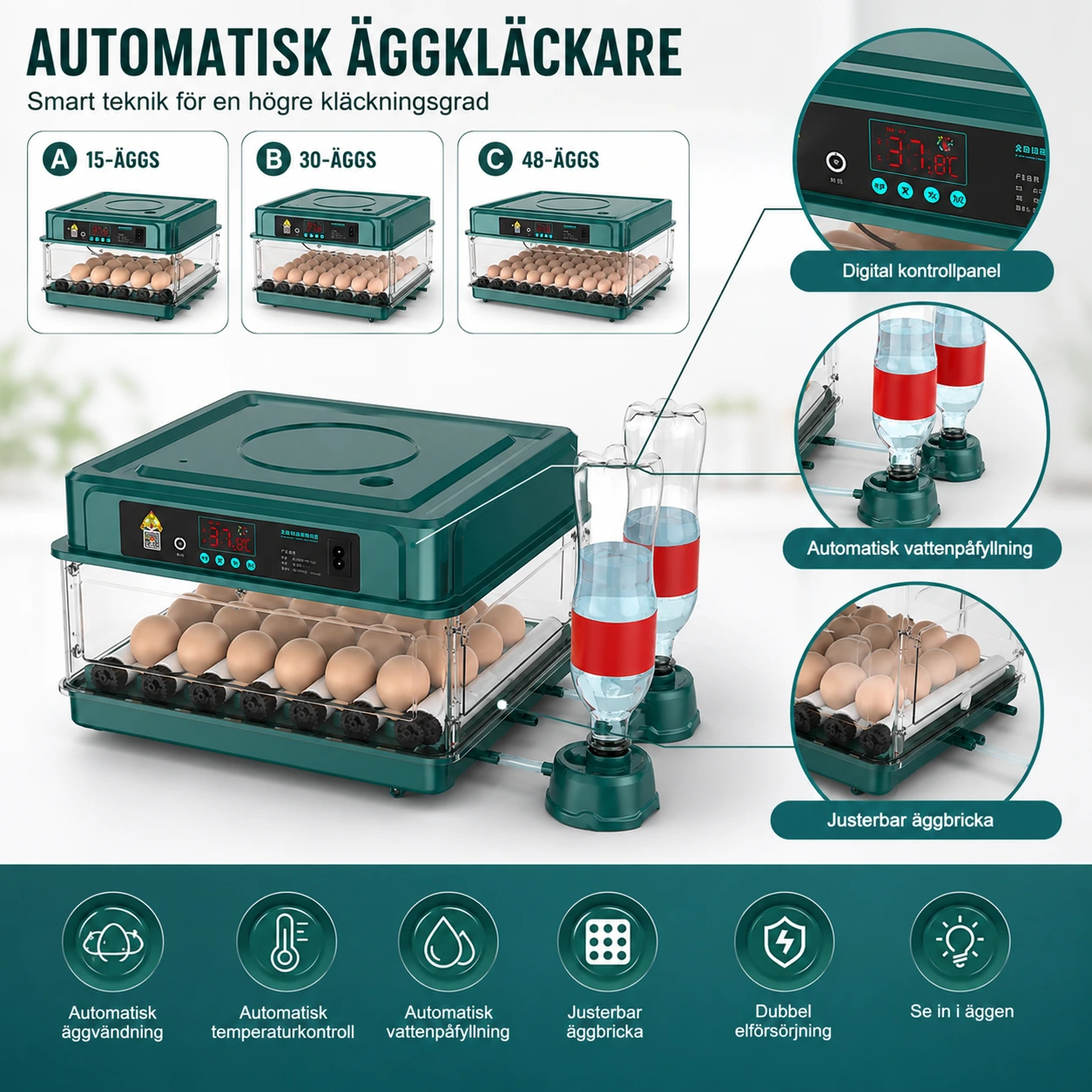 Äggkläckare Automatisk med Vattning 15/30/48 Ägg