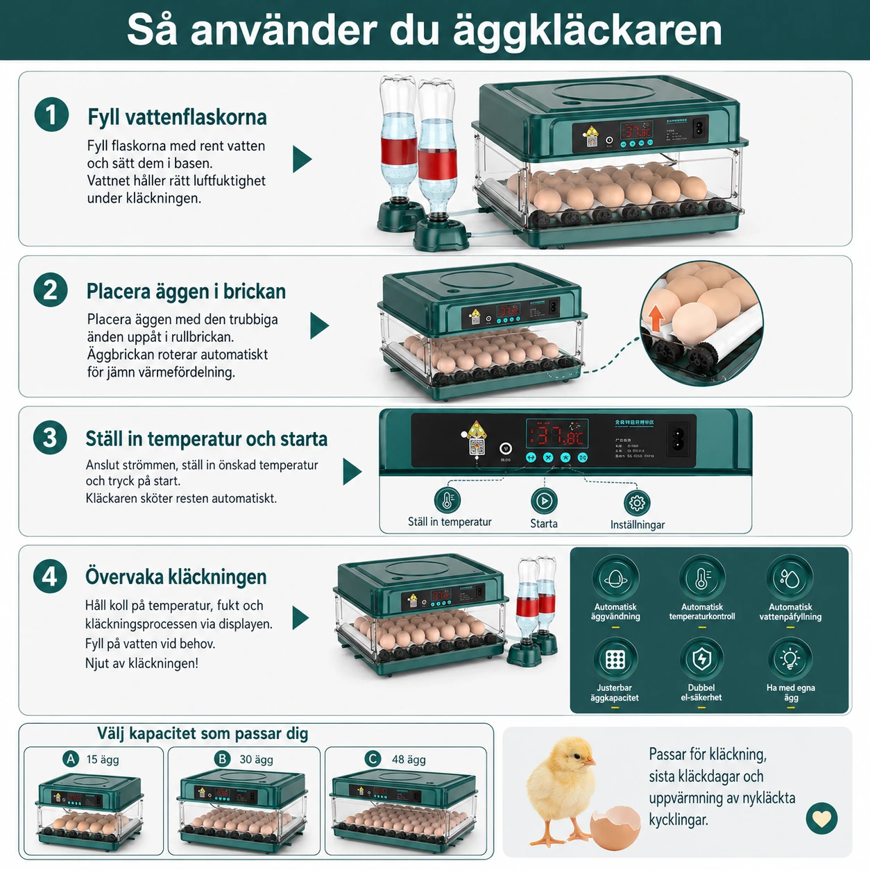 Äggkläckare Automatisk med Vattning 15/30/48 Ägg