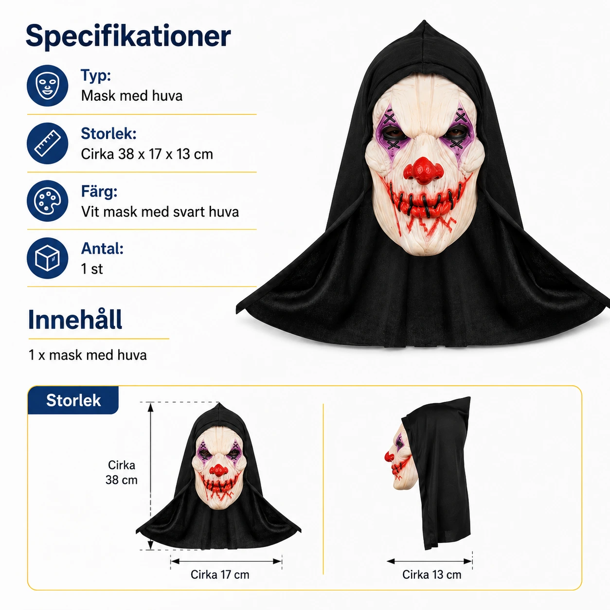 Clownmask med huva för halloween och maskerad
