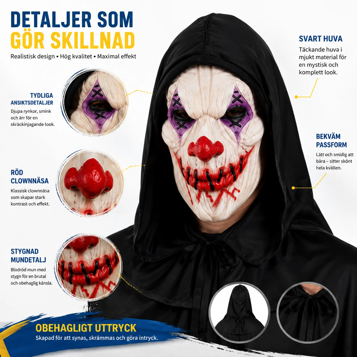 Clownmask med huva för halloween och maskerad