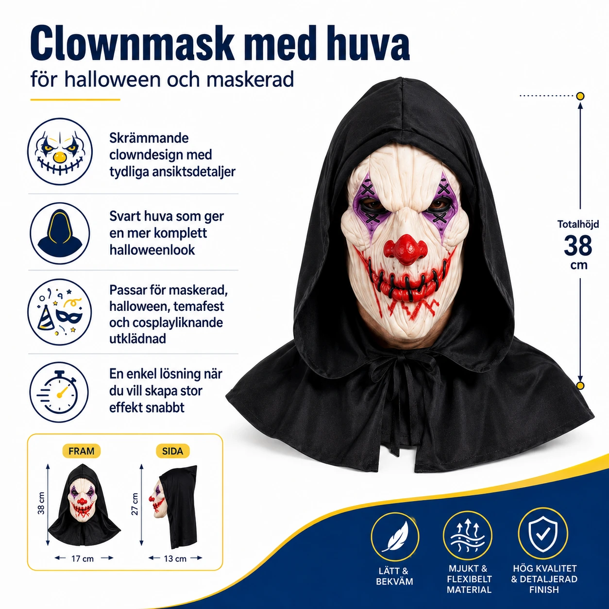 Clownmask med huva för halloween och maskerad