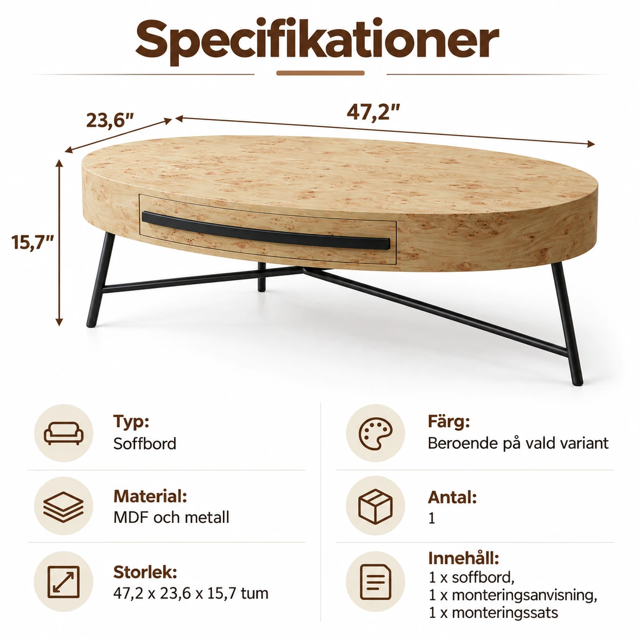 Soikea sohvapöytä laatikolla ja metallijaloilla