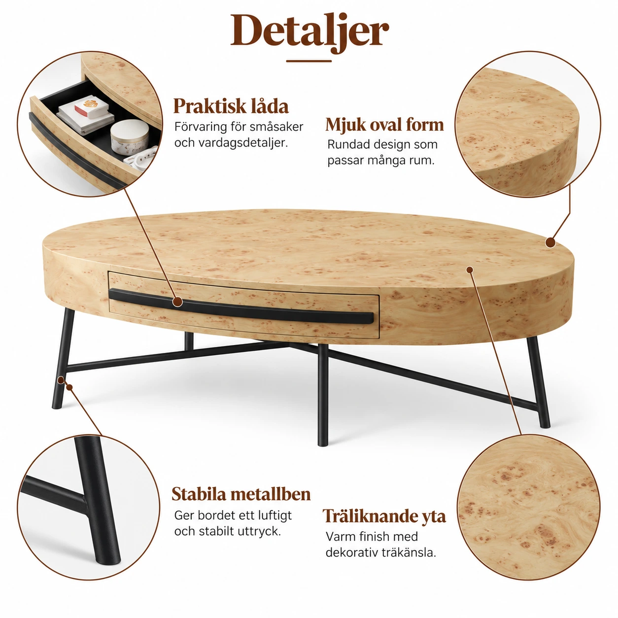 Soikea sohvapöytä laatikolla ja metallijaloilla