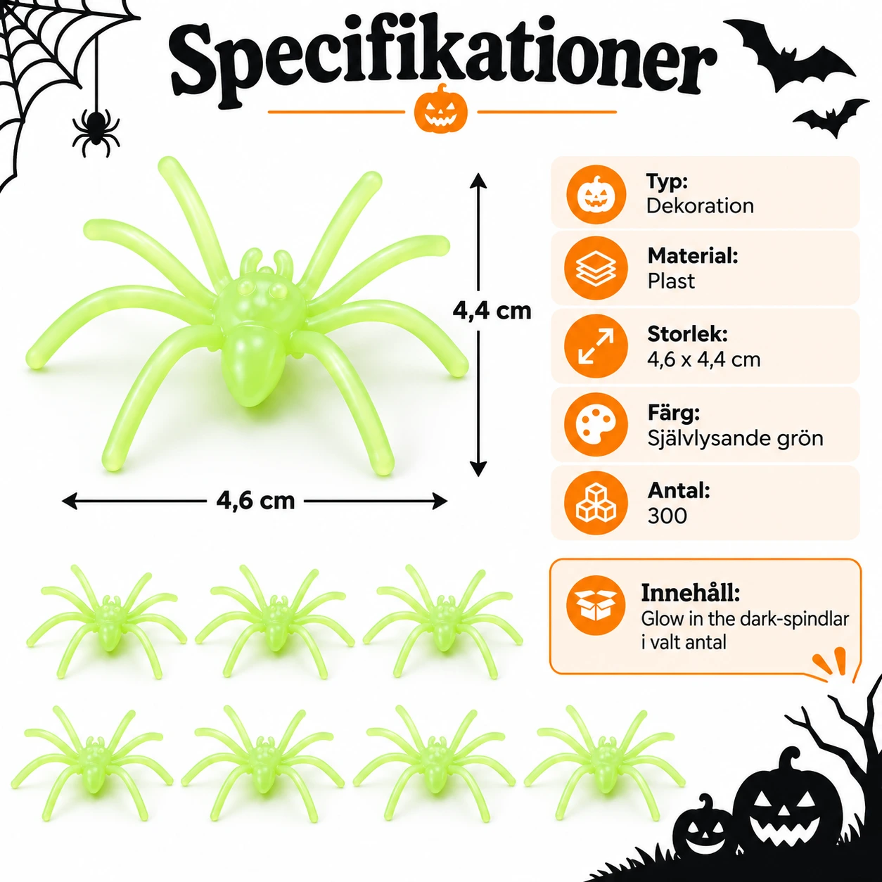 Rekvisita spindel som lyser i mörkret i plast 300 pack