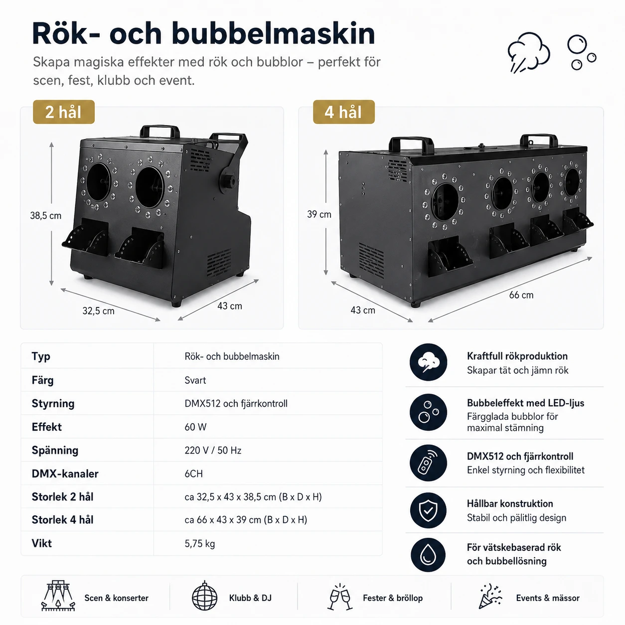 Rök- och bubbelmaskin för fest och scen med RGB LED