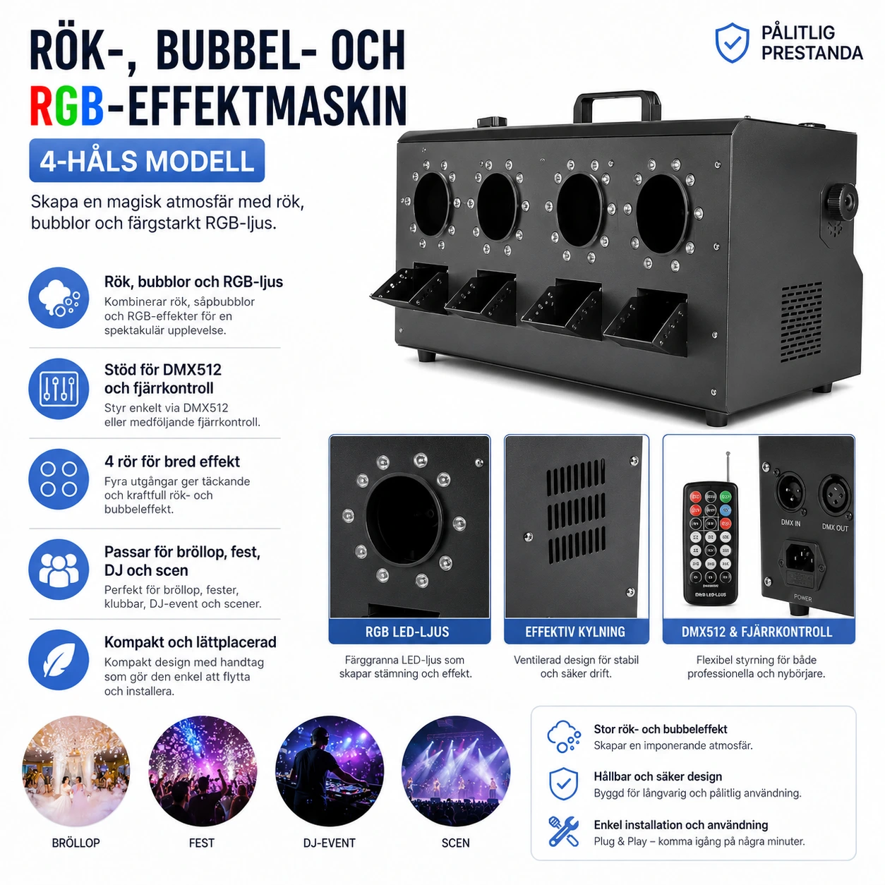 Rök- och bubbelmaskin för fest och scen med RGB LED
