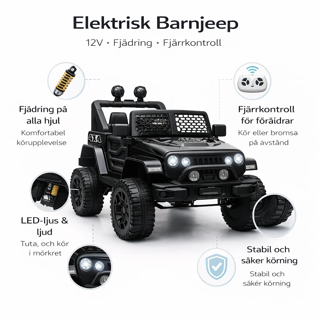 Elektrisk Barnjeep – 12V, Fjärrkontroll & Fjädring