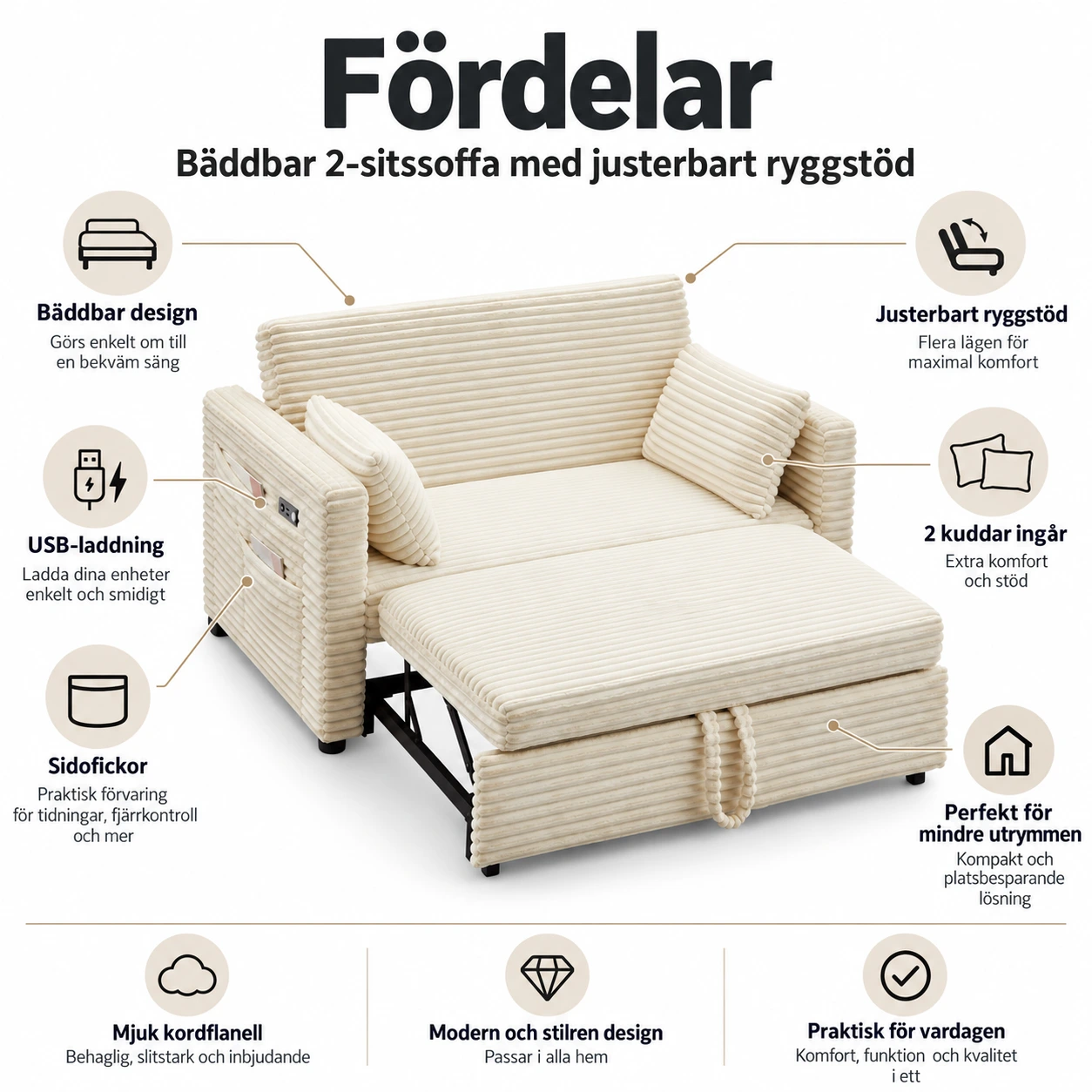 Bäddbar 2-sitssoffa med justerbart ryggstöd och utdragssäng
